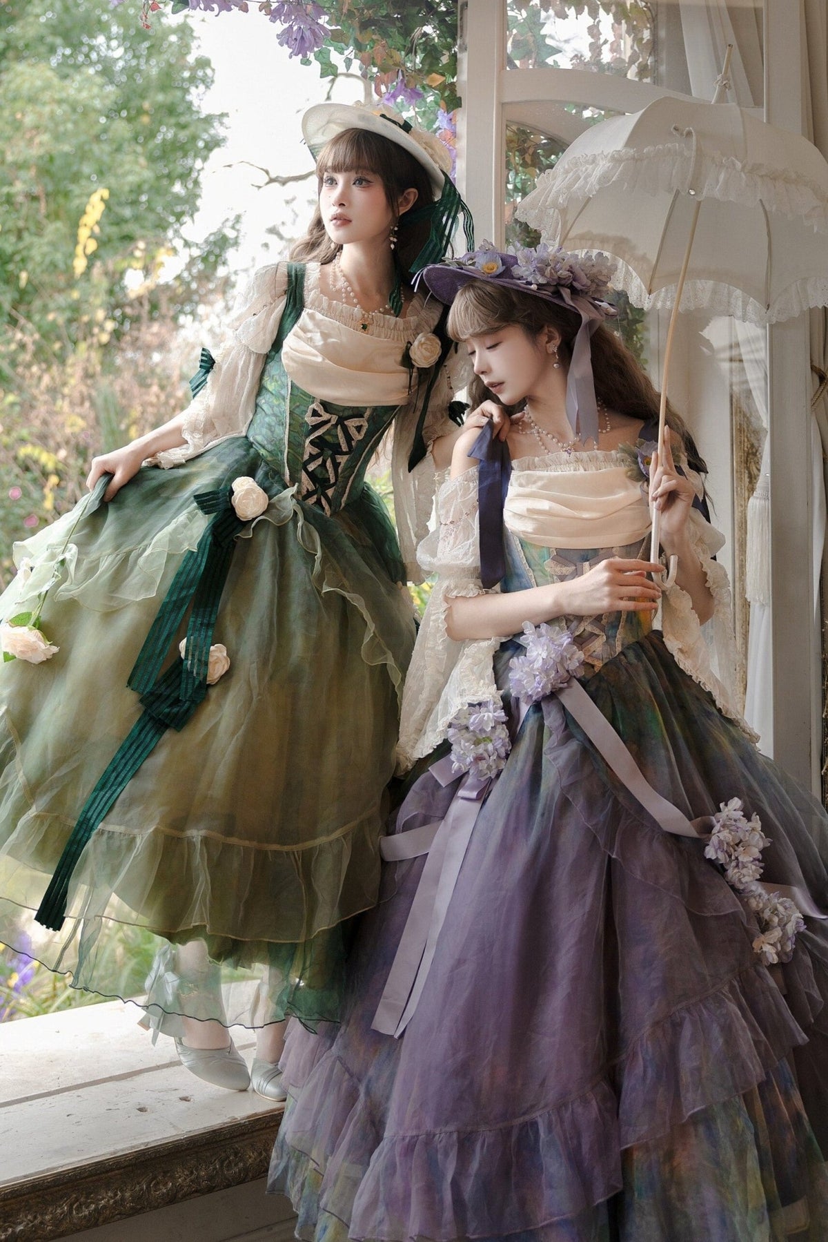 Wild Roses of Arles Purple Green Oil Painting Print Cowl Neck Tail JSK Classic Lolita Dress - LolitaEra