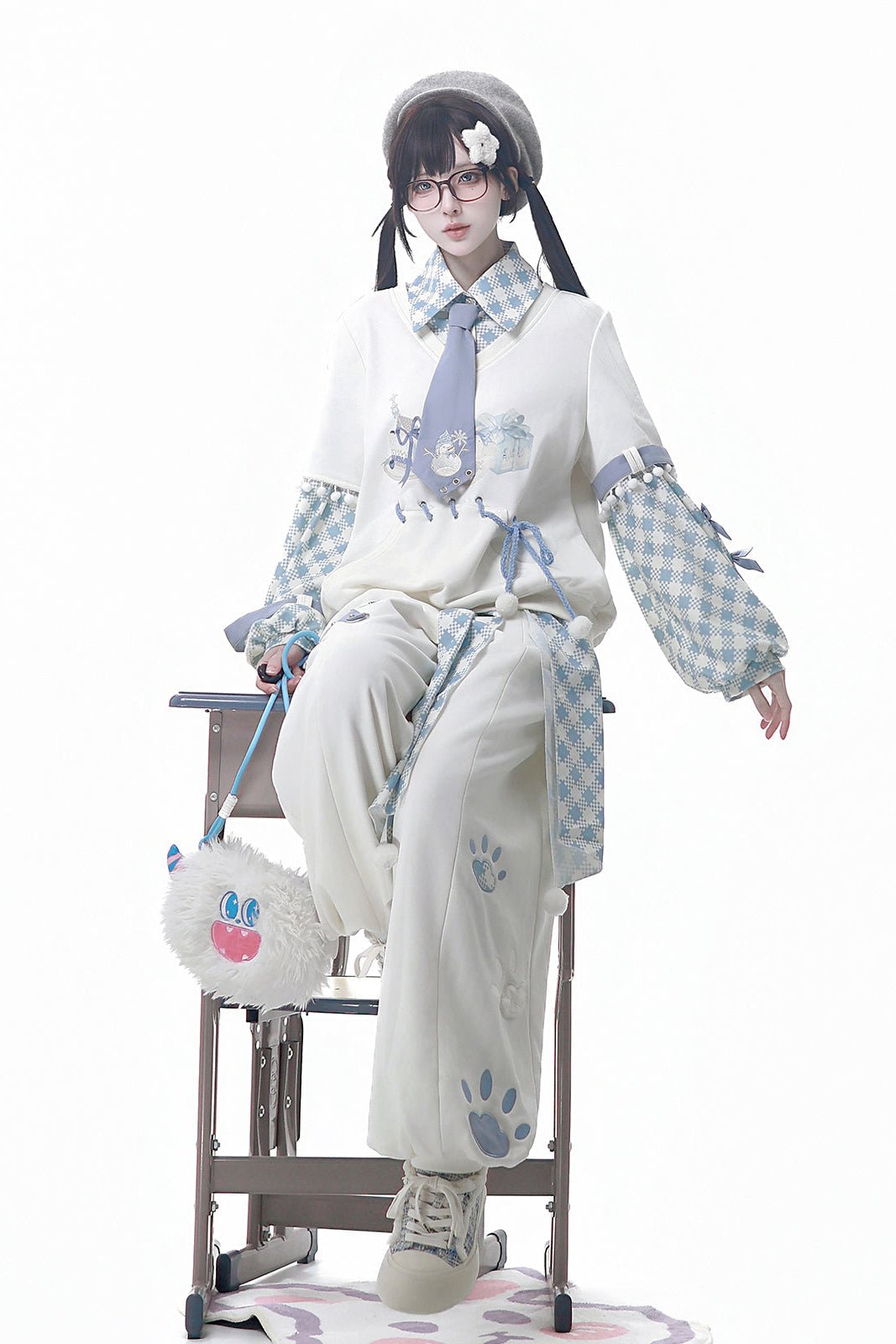 Winter Irregular Sweatshirt & Trousers Set - LolitaEraTop+Trousers+Belt+TieSWinter Irregular Sweatshirt & Trousers Set