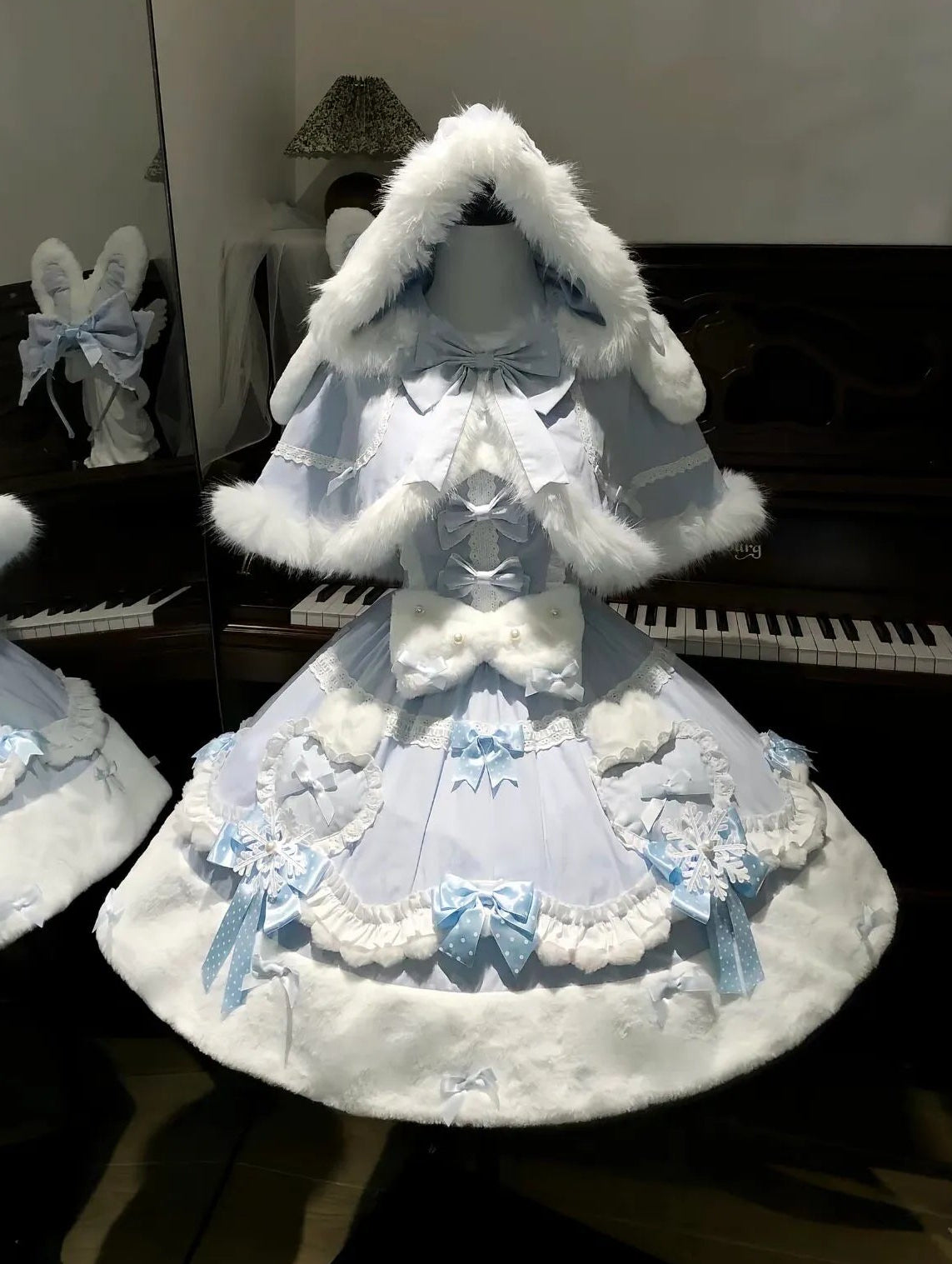 Women's Cute Snow Bunny Plush Cape Dress Set