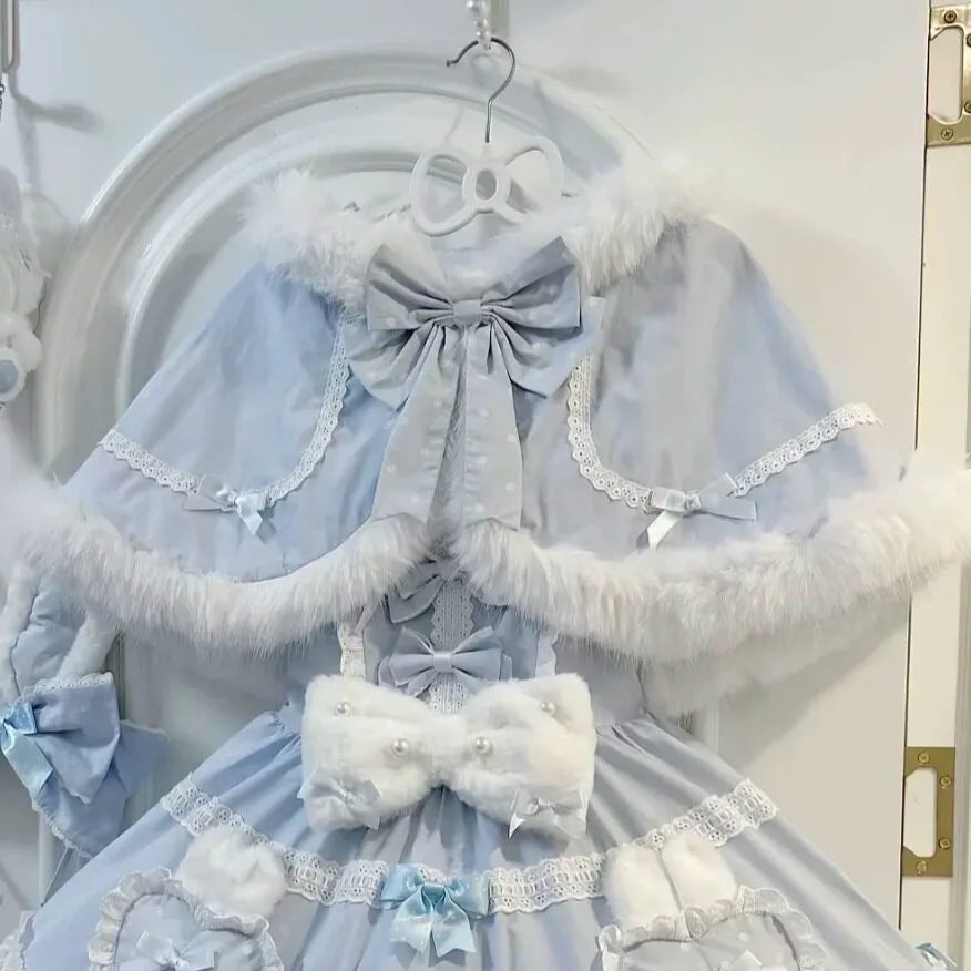 Women's Cute Snow Bunny Plush Cape Dress Set