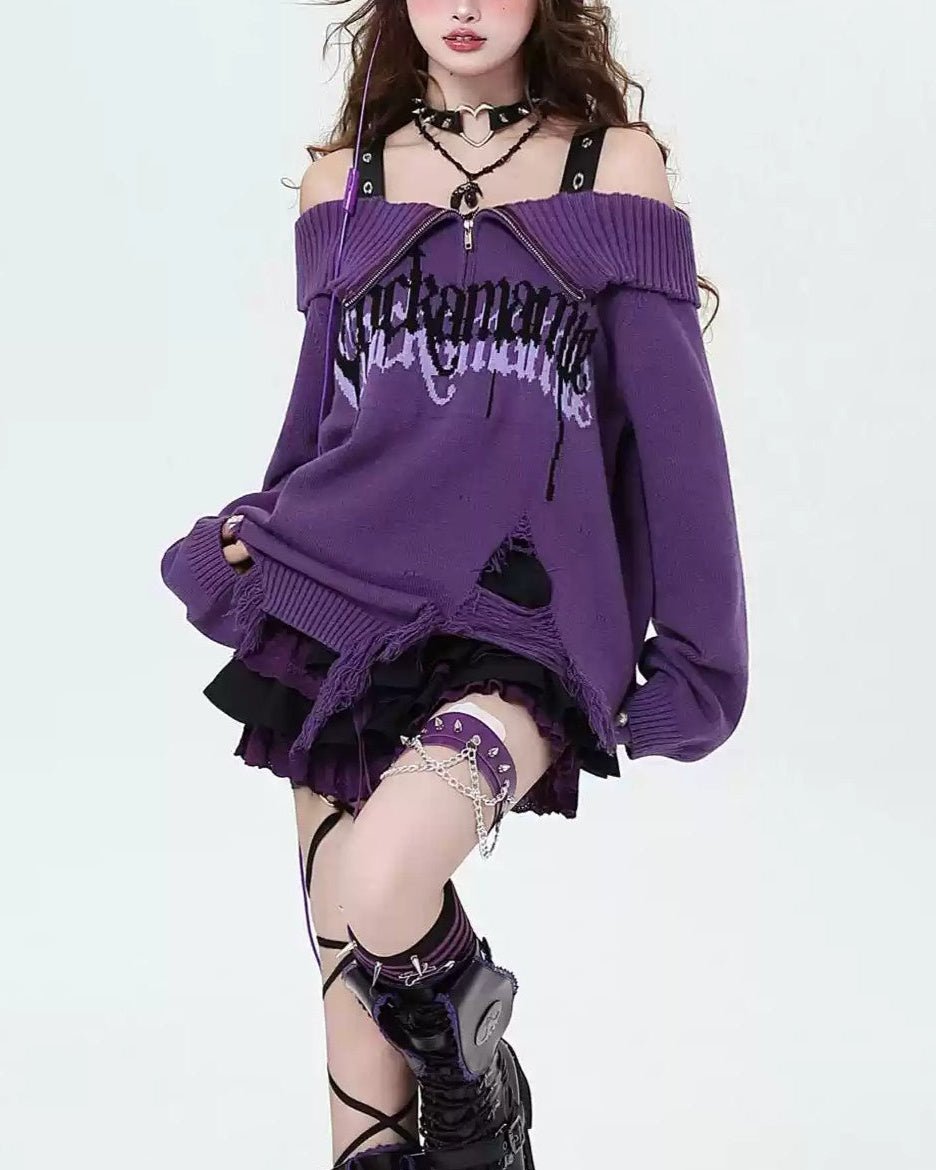 Y2K Black & Purple Off - Shoulder Sweater - LolitaEraPurpleSY2K Black & Purple Off - Shoulder Sweater