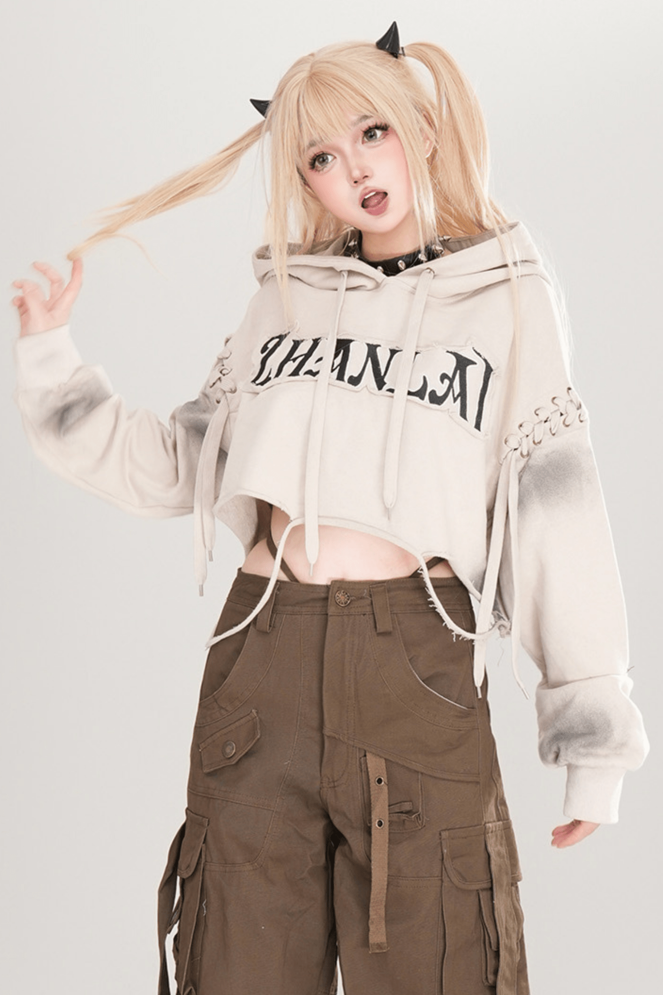 Y2K Edgy Distressed Cat Ear Crop Top - LolitaEraMilky WhiteSY2K Edgy Distressed Cat Ear Crop Top