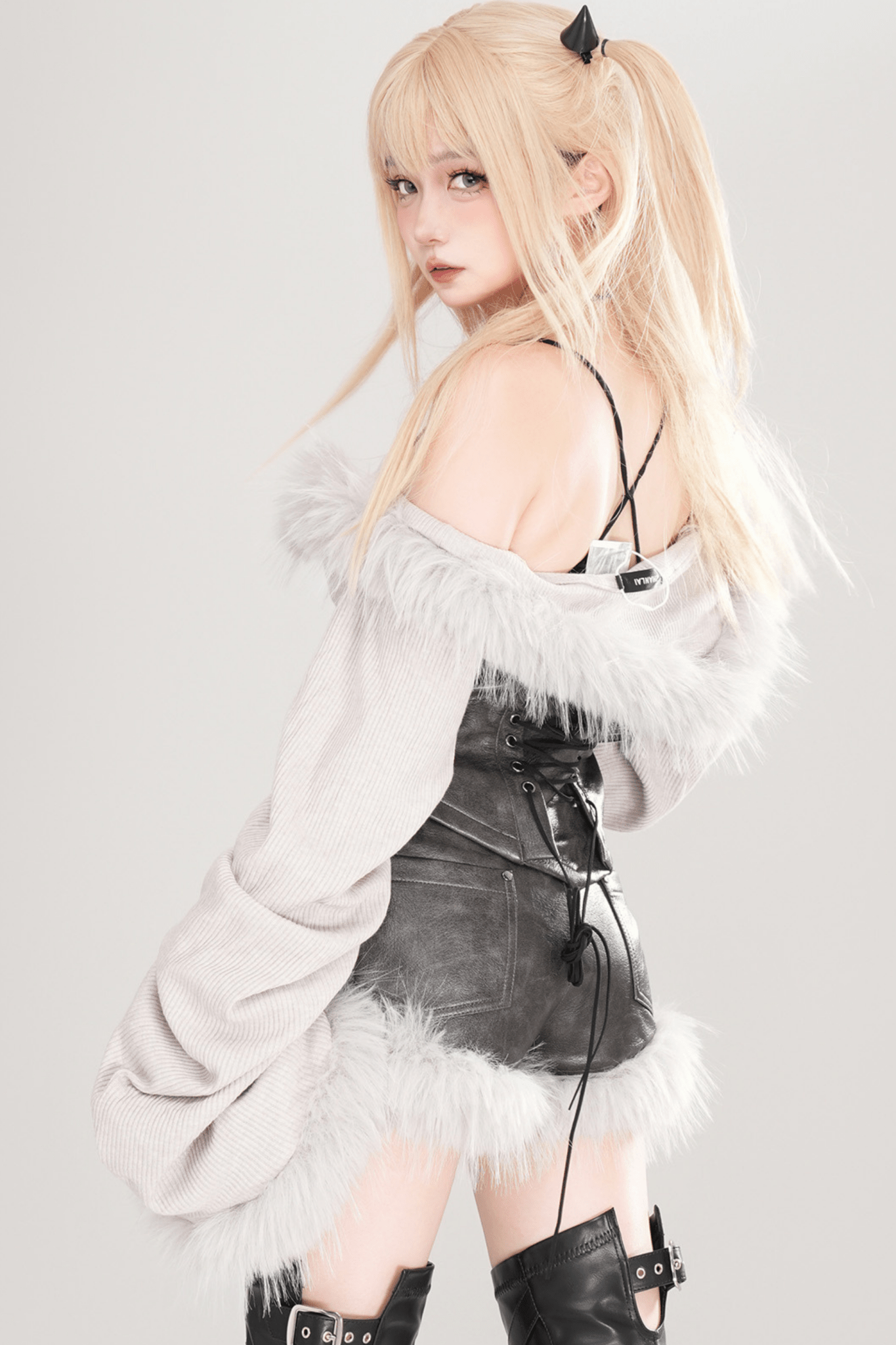 Y2K Spicy Girl Off - Shoulder Knit & PU Leather Top - LolitaEraLight BrownSY2K Spicy Girl Off - Shoulder Knit & PU Leather Top