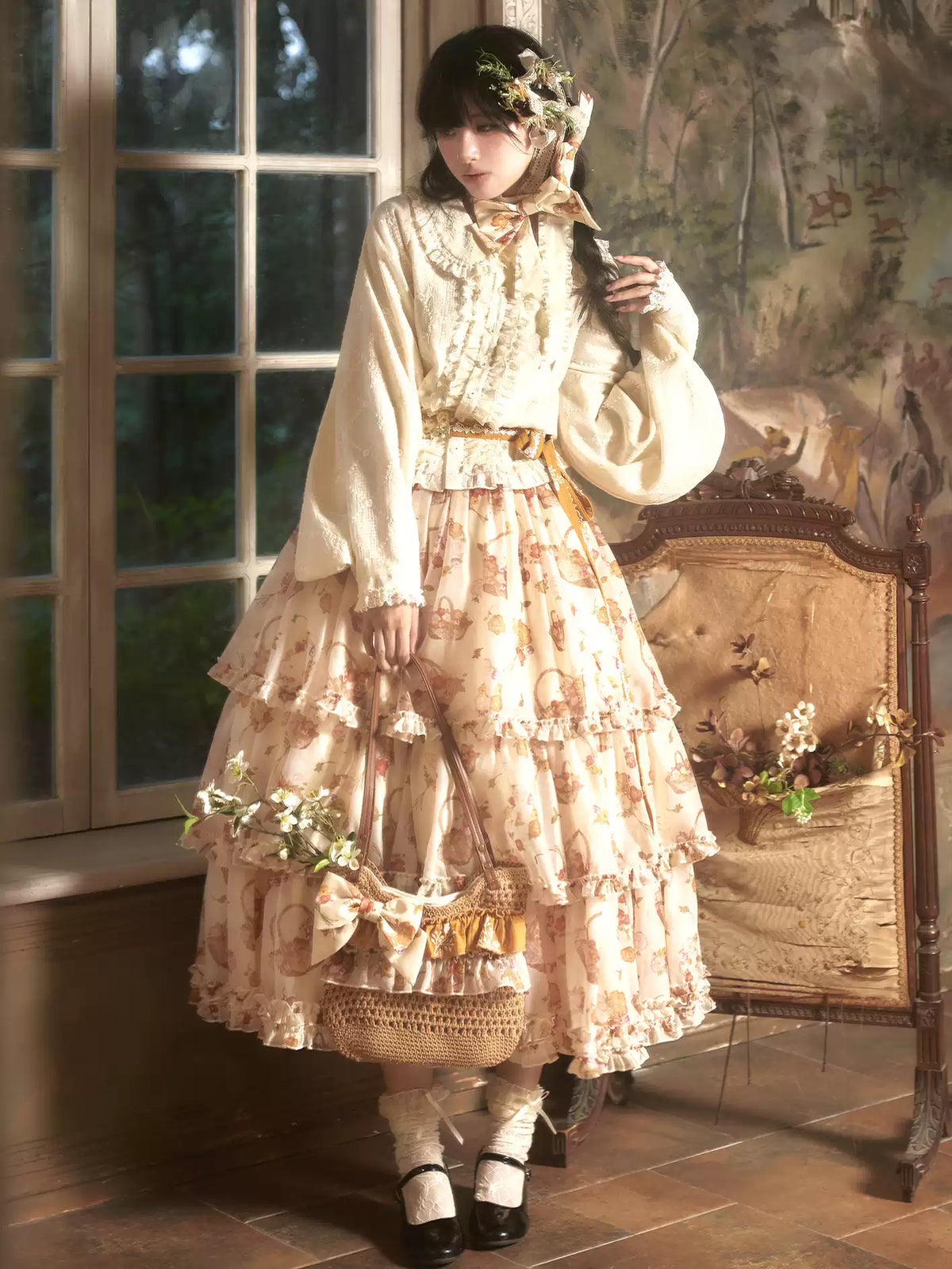 "Yu Hua Yao Yao" Low Waist JSK Restored Raccoon Sleeves Tiered Skirt Doll Collar Top