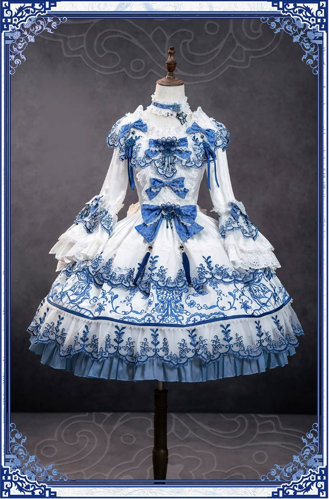 Butterfly Blue and White Porcelain Floral Embroidery Classic Lolita OP Dress