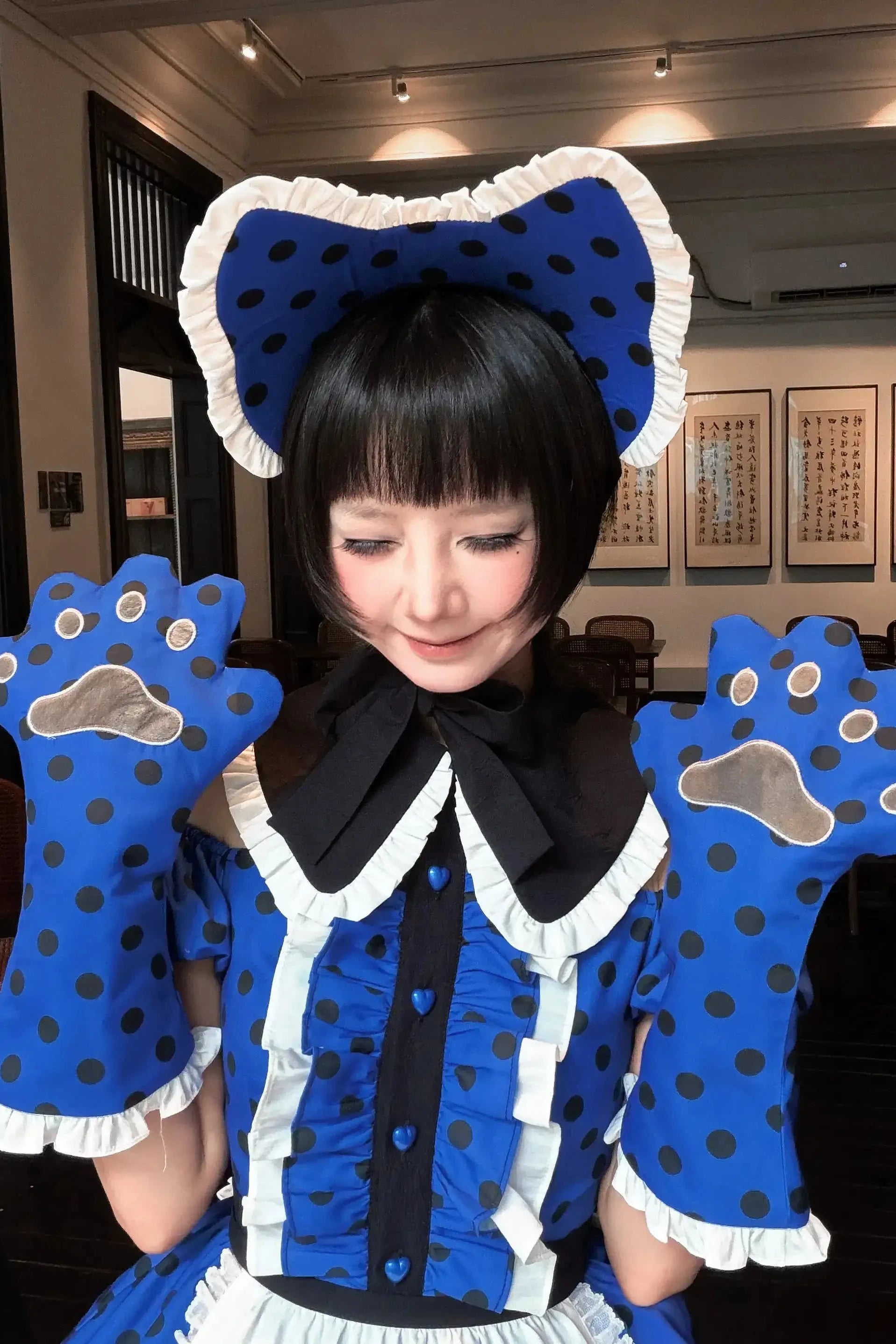 Tea Cup Meow Blue Navy Cat Ear Hat Paw Gloves Apron Sweet Lolita Accessories