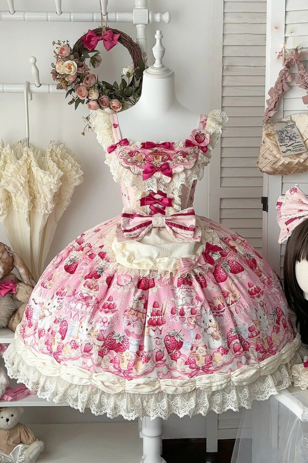 Parfait Dessert Bunny Sweet Cute Strawberry Print Embroidered JSK