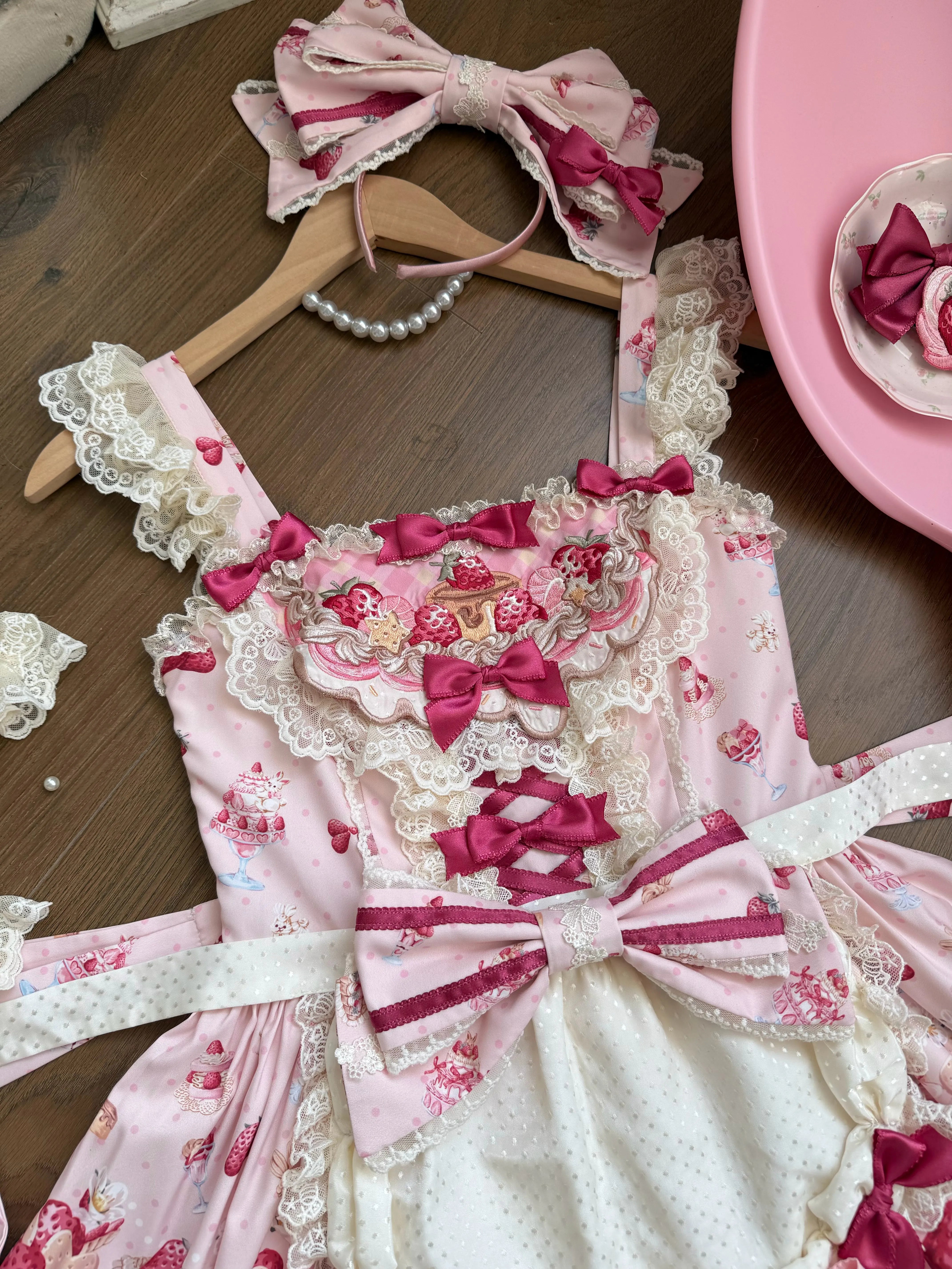Parfait Dessert Bunny Sweet Cute Strawberry Print Embroidered JSK