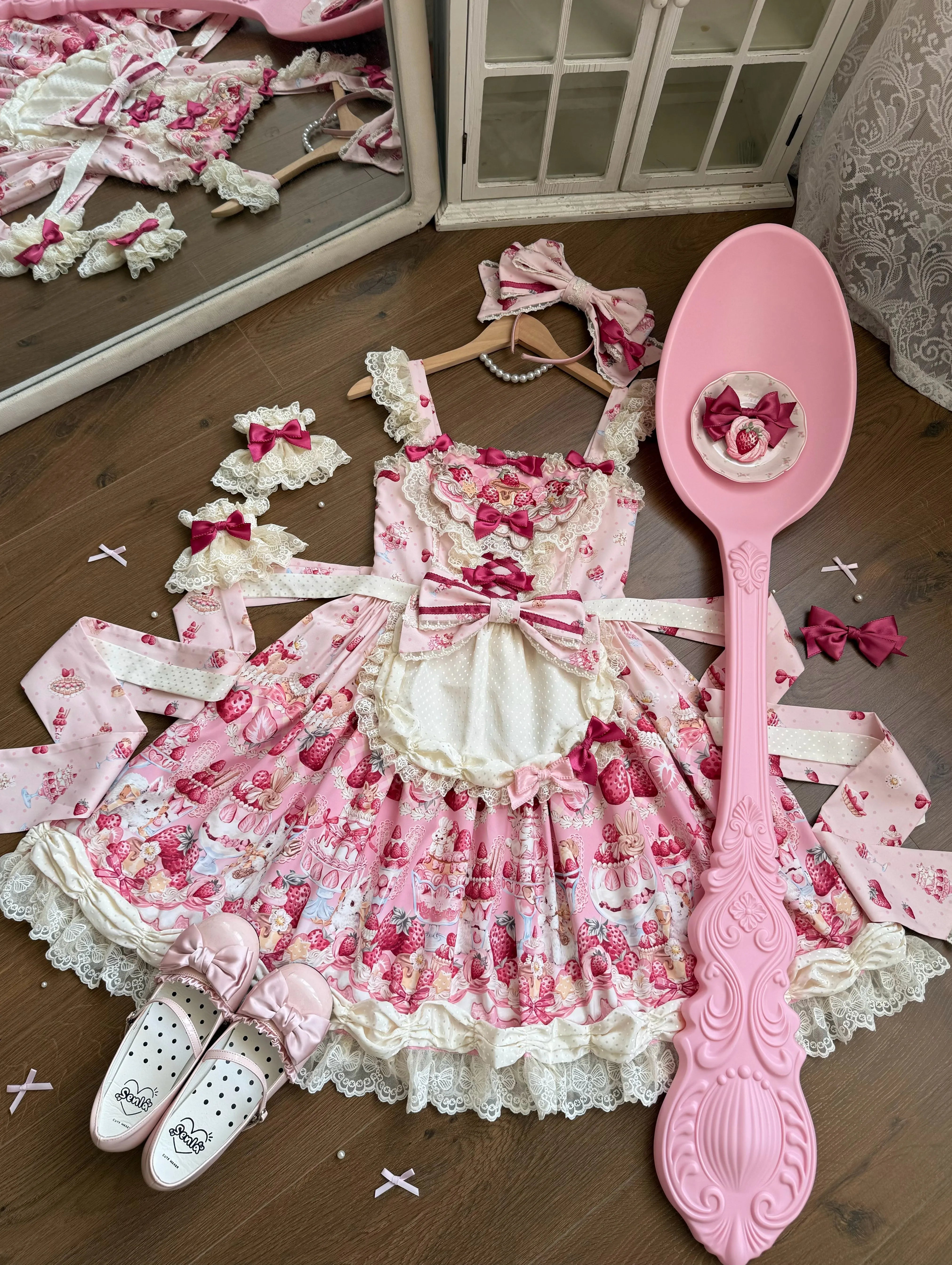 Parfait Dessert Bunny Sweet Cute Strawberry Print Embroidered JSK