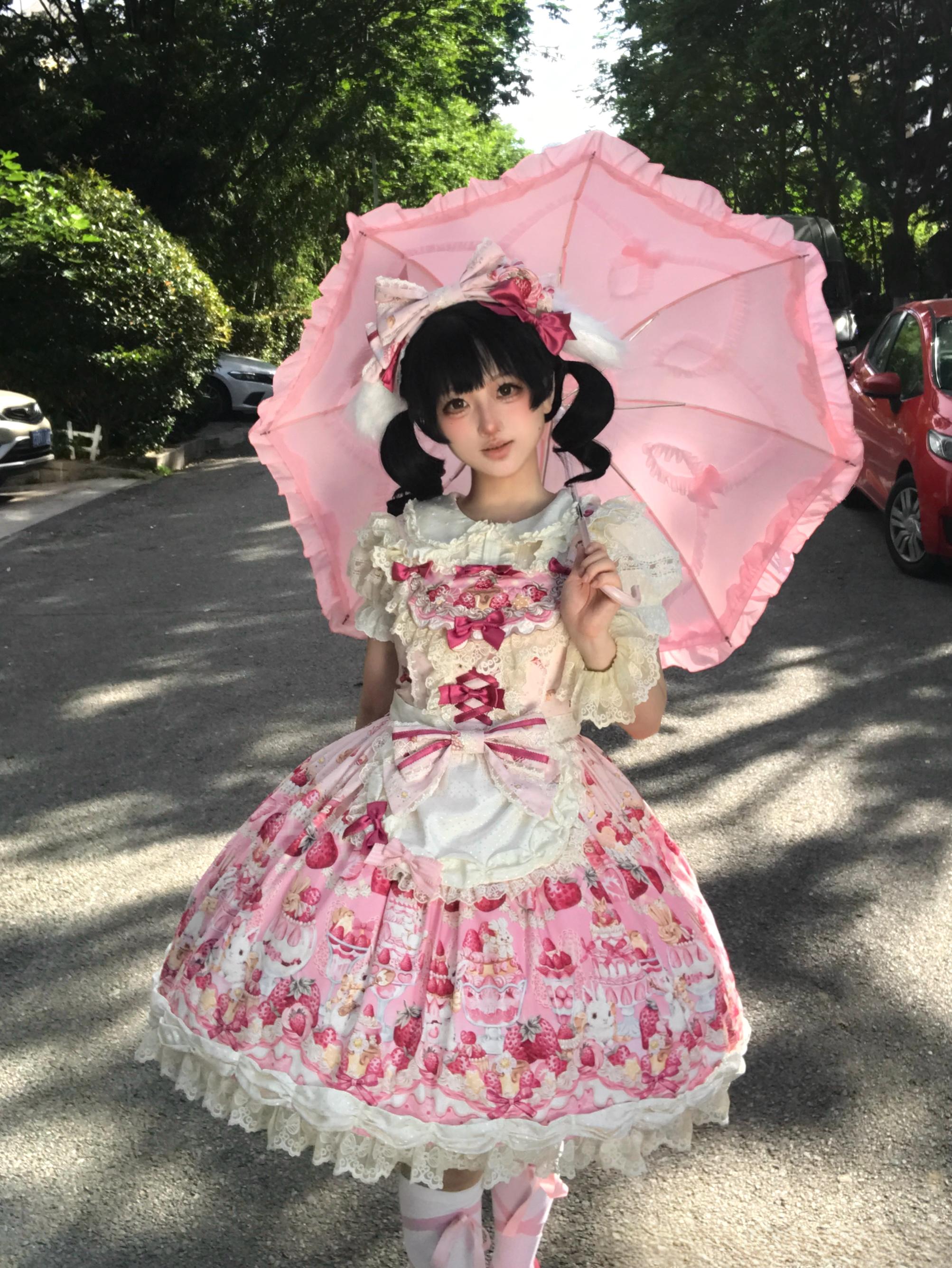 Parfait Dessert Bunny Sweet Cute Strawberry Print Embroidered JSK