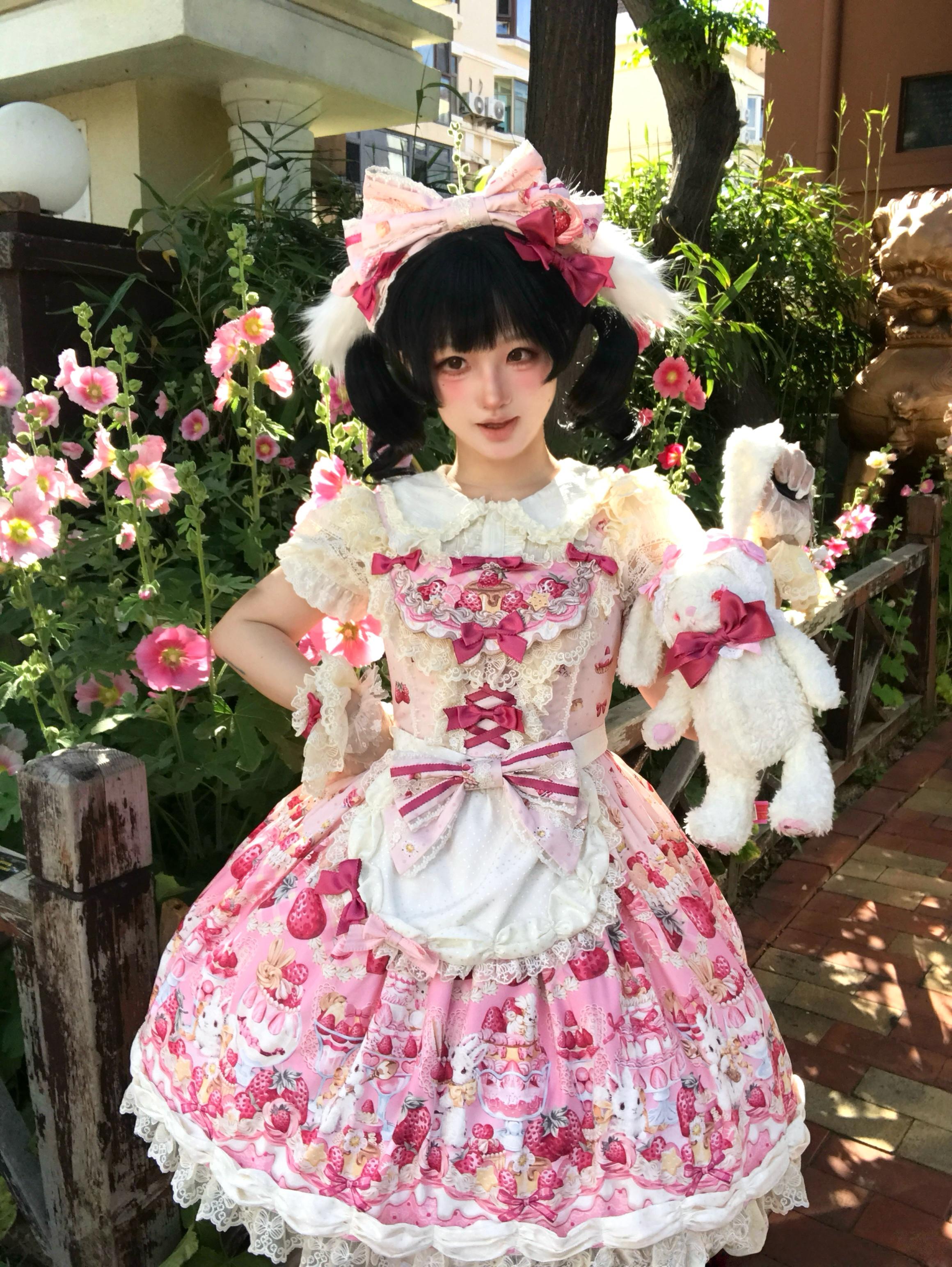 Parfait Dessert Bunny Sweet Cute Strawberry Print Embroidered JSK
