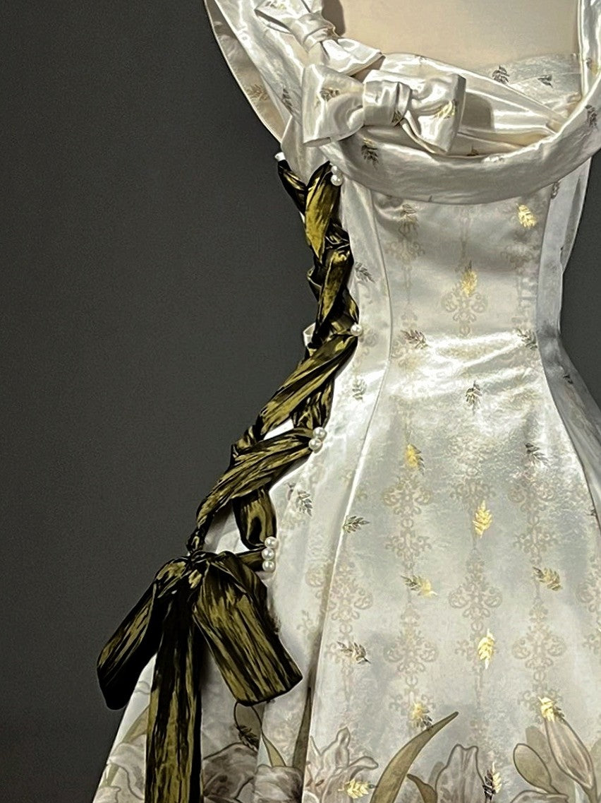 Uncharted Stars Ivory Gold Lily Print Elegant Classic Lolita Dress