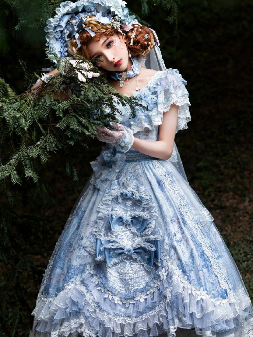 Key to the Secret Realm Lolita Gorgeous Classic Anniversary Blue Bridal Dress