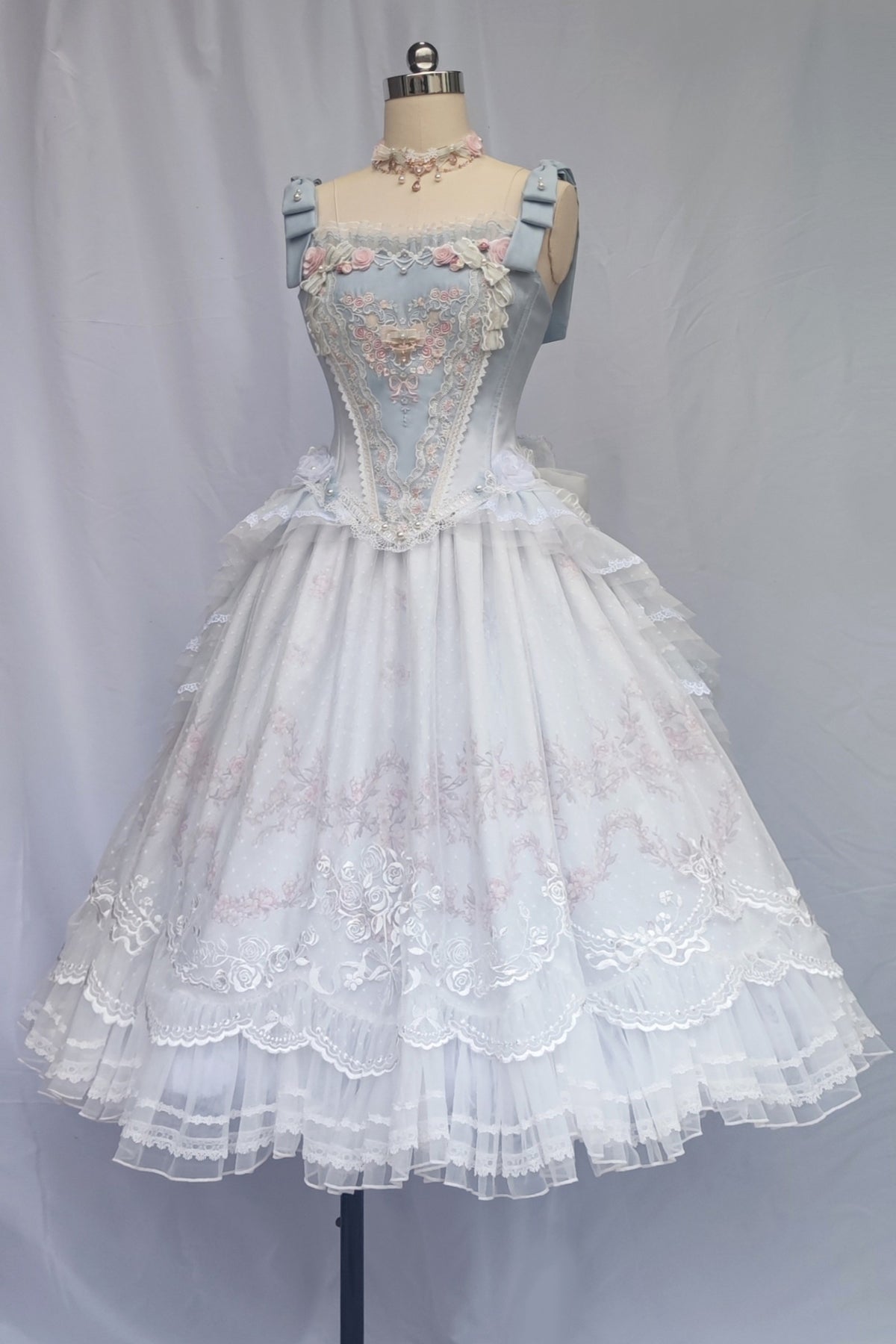 Dream Dance Lolita Bridal Embroidered Blue Boned Corset Dress