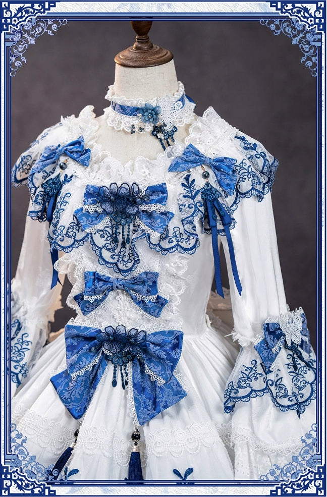 Butterfly Blue and White Porcelain Floral Embroidery Classic Lolita OP Dress