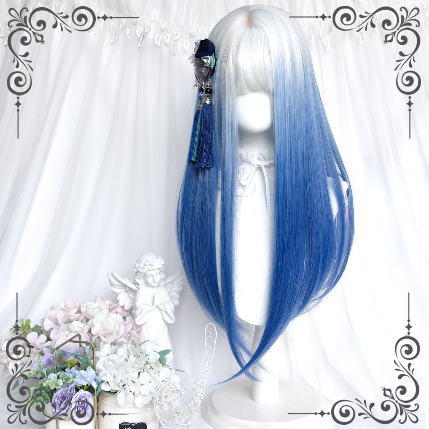 Long Wavy Silver to Blue Ryousangata Wig LE7013