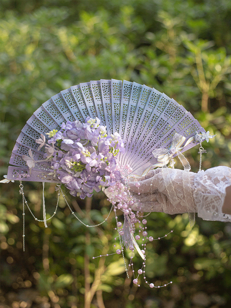 Falling Rain Wisteria Four Seasons Flower Lolita Handmade Classic Style Fan