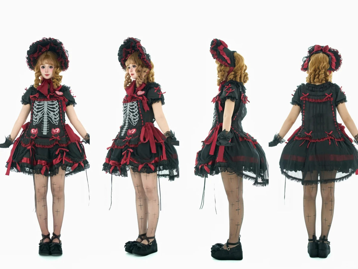 Strawberry Heart Bone Black and Red Gothic Lolita OP Dress