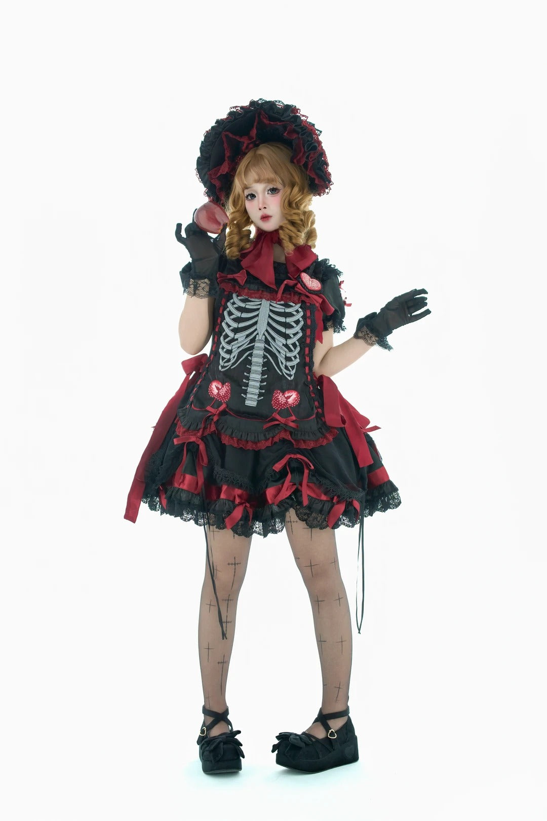 Strawberry Heart Bone Black and Red Gothic Lolita OP Dress