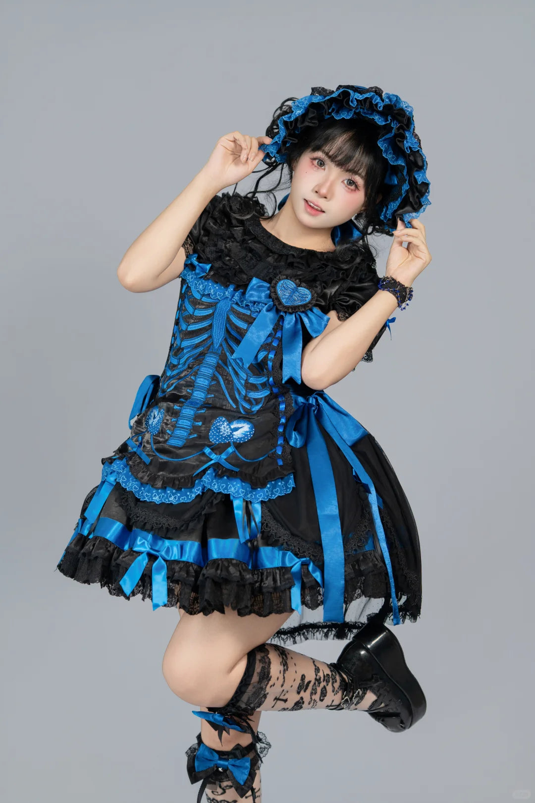 Strawberry Heart Bone Black and Blue Gothic Lolita OP Dress