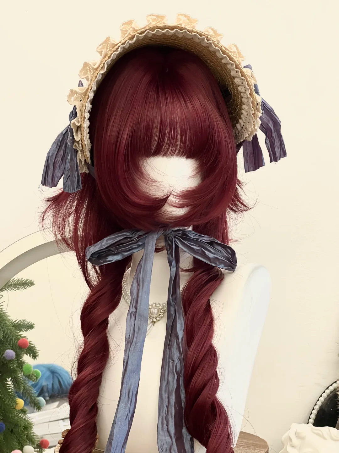 Lolita Burgundy Romantic Long Curly Wig with Rose Net Cap