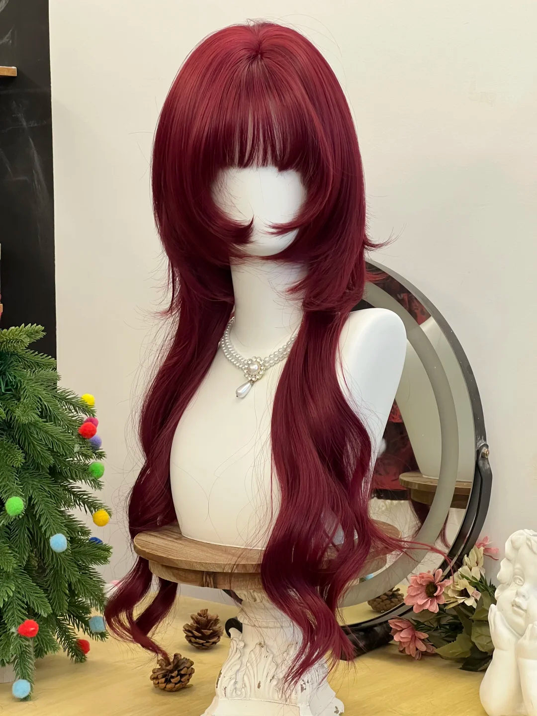 Lolita Burgundy Romantic Long Curly Wig with Rose Net Cap