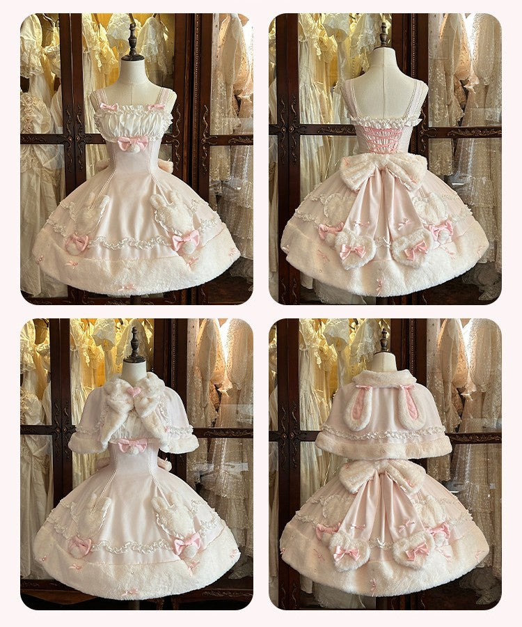 Bunny Ball 1.0 Lolita Winter Doll Style Plush Pink Cape JSK Set