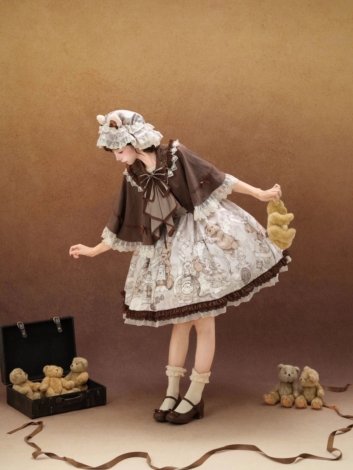 Fula Bear's Perfume Shop Lolita Vintage Bear Print OP Dress