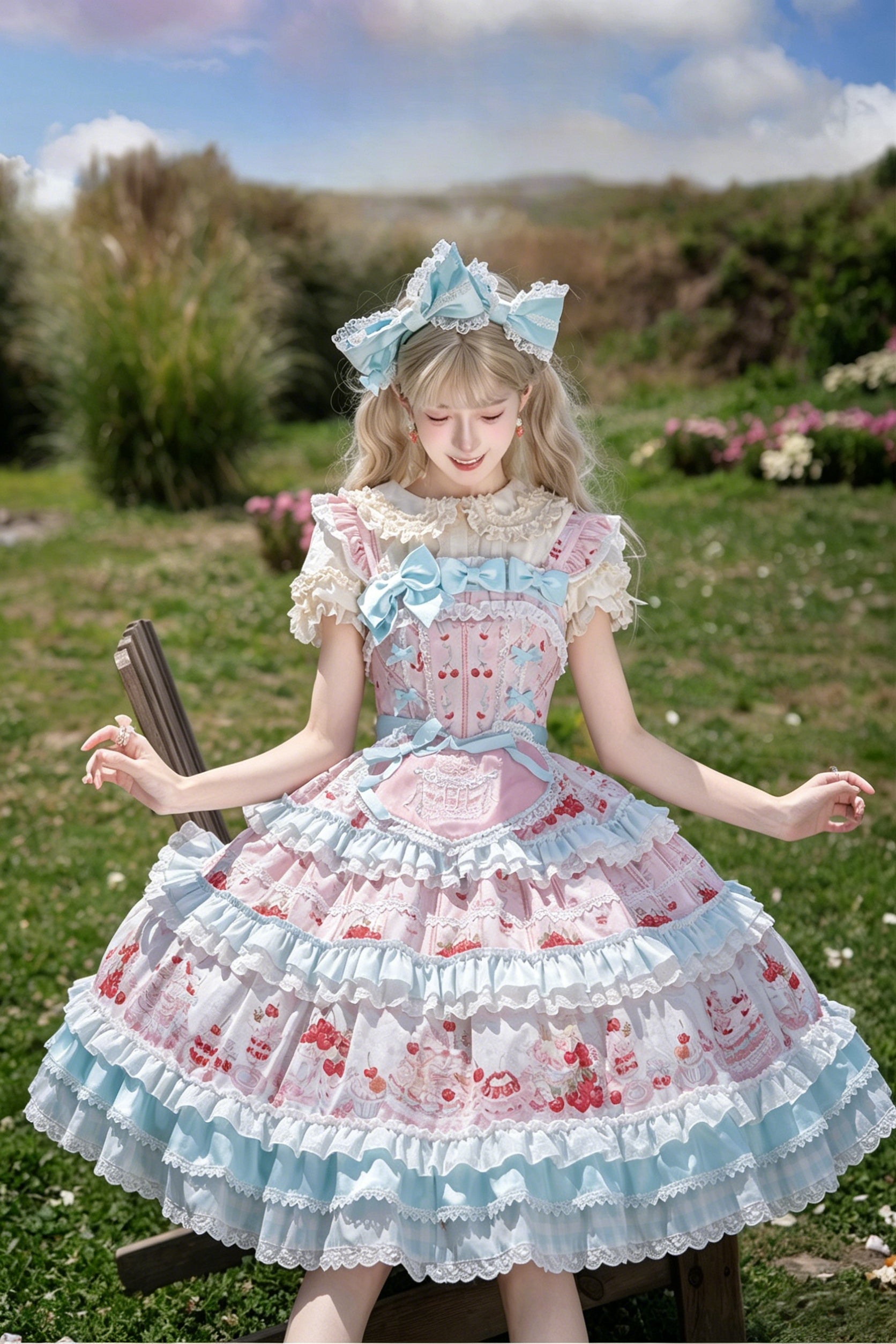 Cherry Cake Lolita Sweet Blue JSK Dress