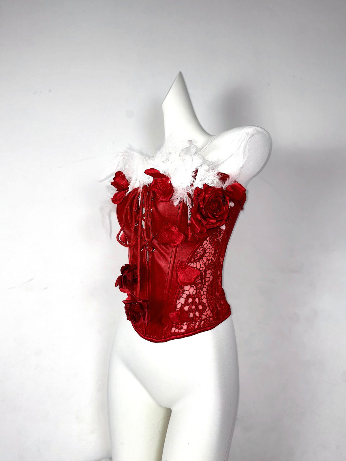 Red and White Roses Gothic Drawstring Feather Corset