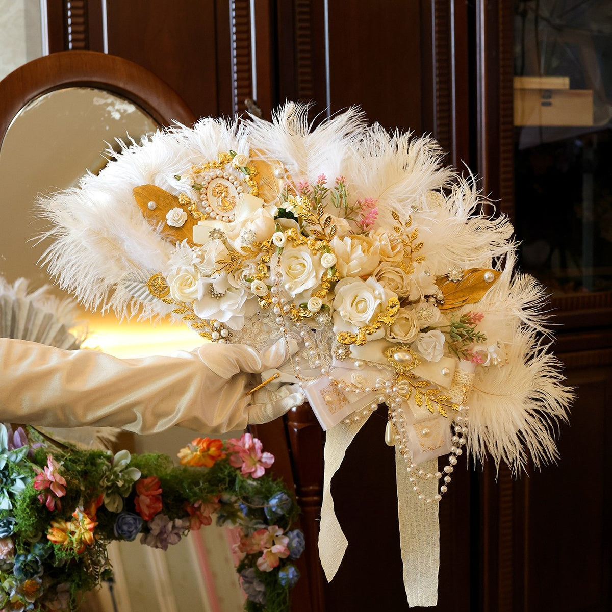 Lolita Handmade Rococo Bridal Tea Party Ostrich Feather Fan