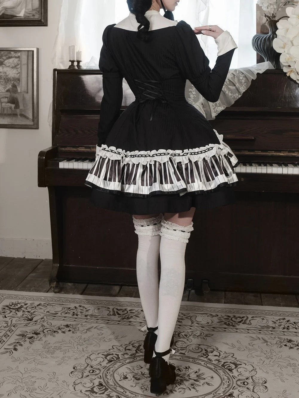 lvory & Eboony Piano Keys Black & White Gothic Stand Collar Cinched Dress