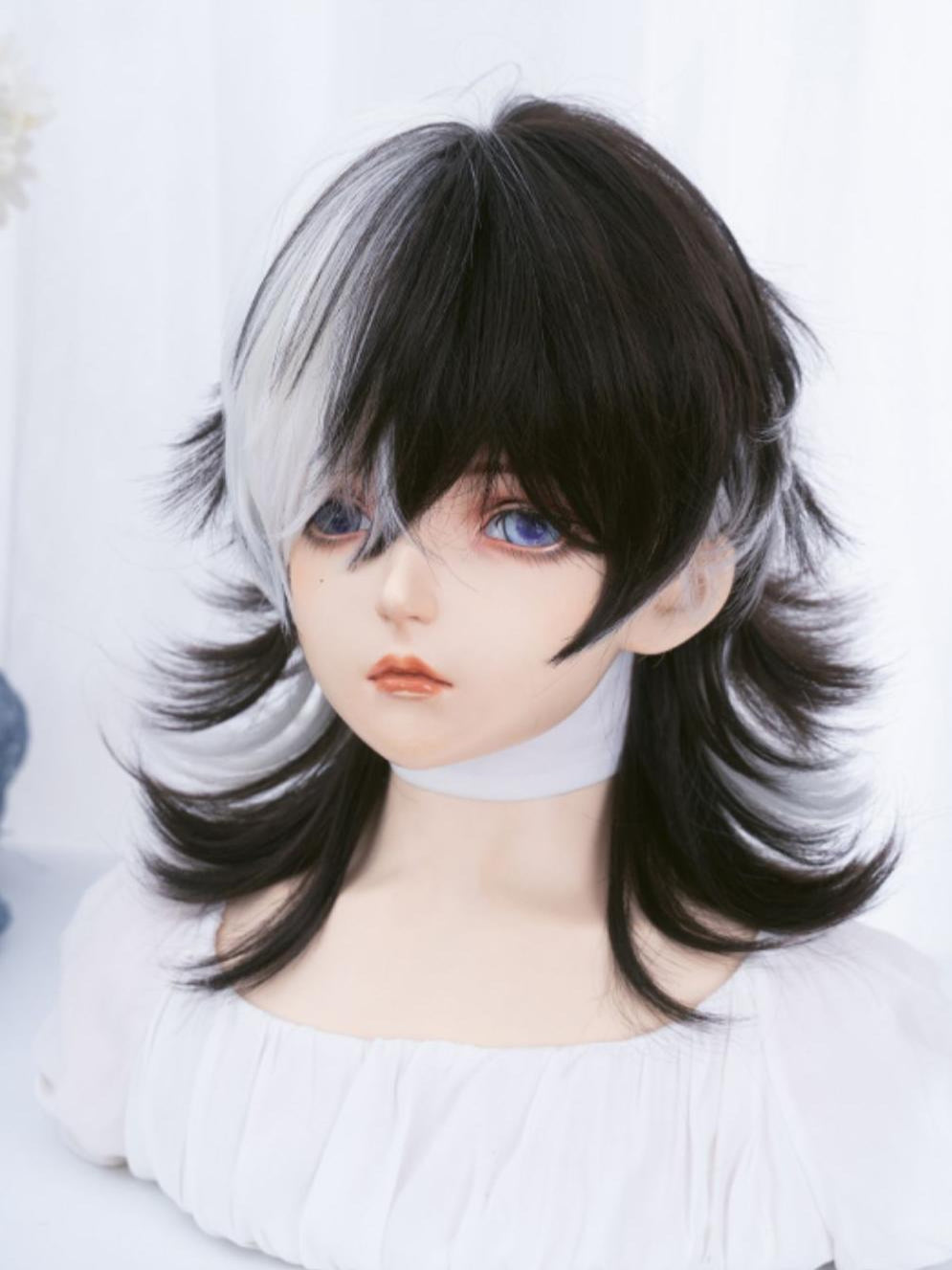 Half Black Half White Split-Dye Wolf Cut Wig LE7030