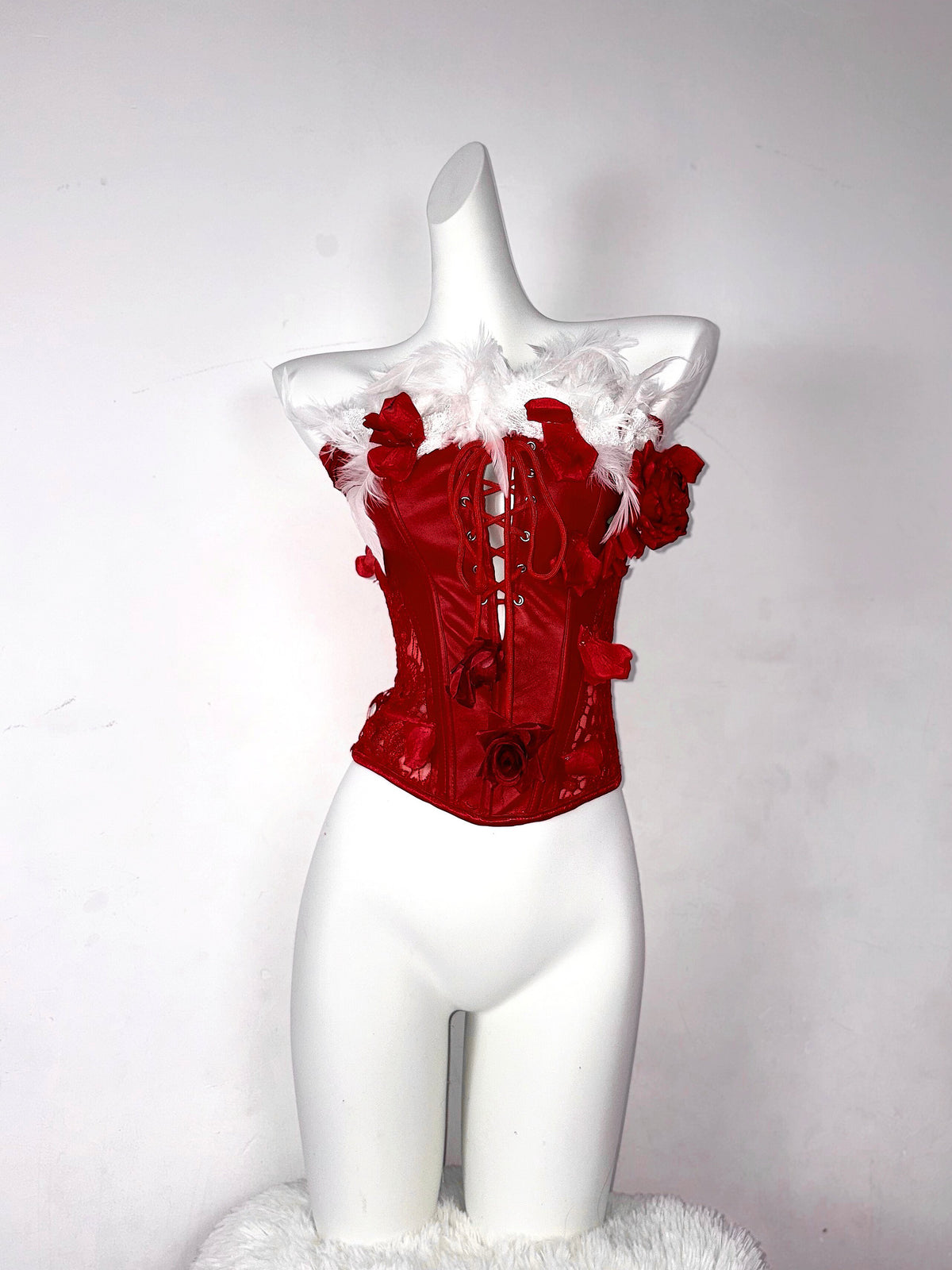 Red and White Roses Gothic Drawstring Feather Corset
