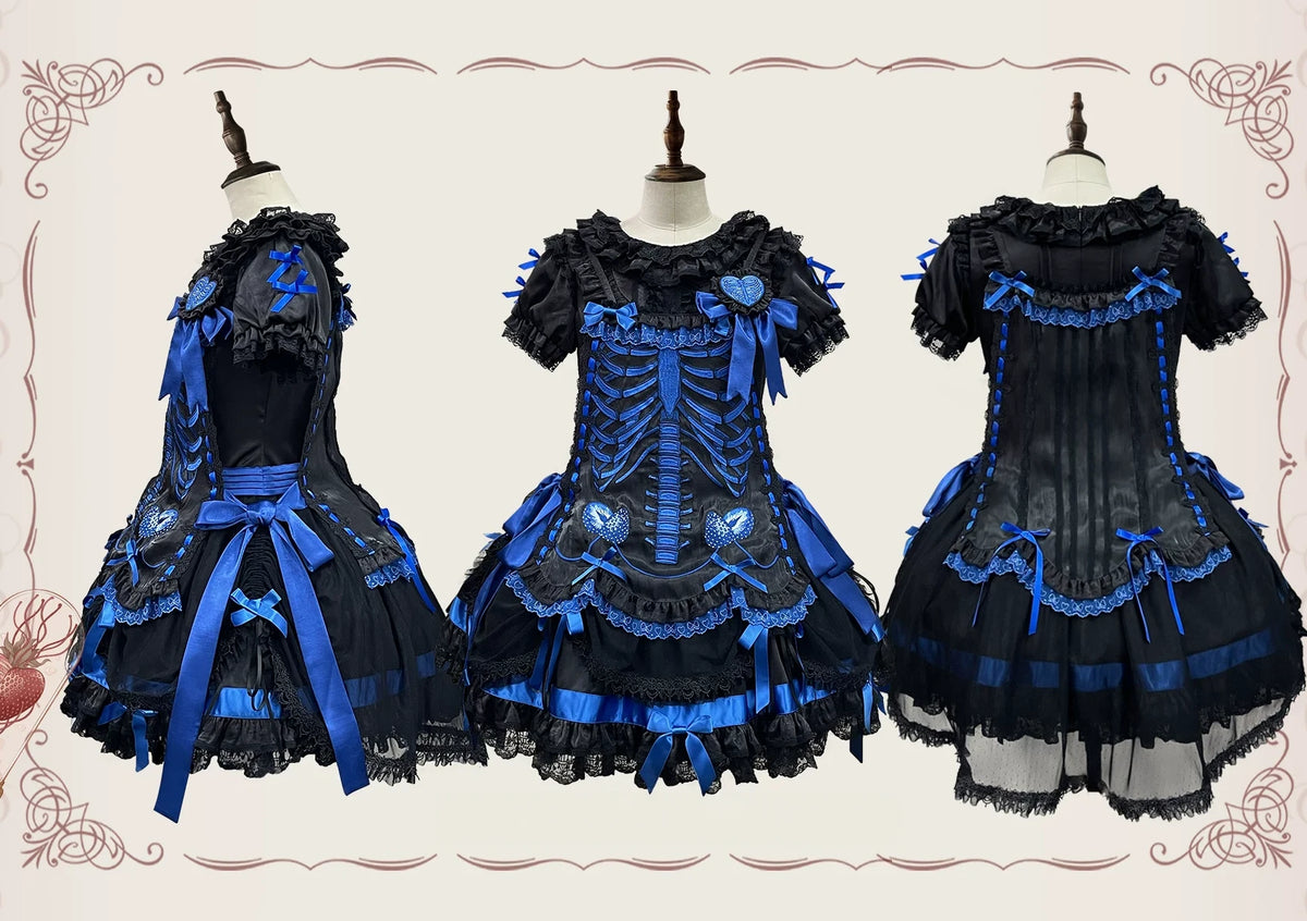 Strawberry Heart Bone Black and Blue Gothic Lolita OP Dress