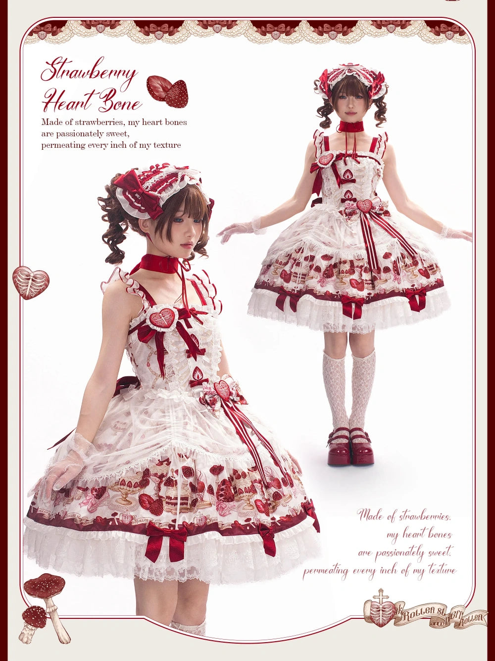 Strawberry Heart Bone White Red Gothic Lolita OP Dress or JSK