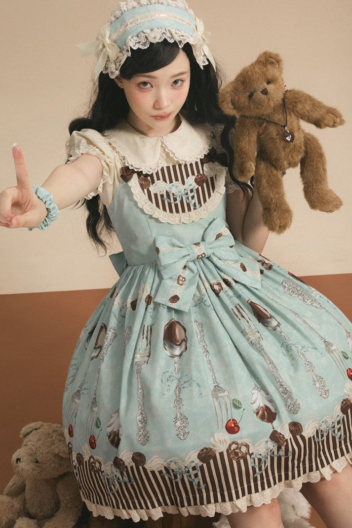 Dessert Sky Blue Chocolate Print Off-center Waist Sweet Lolita JSK