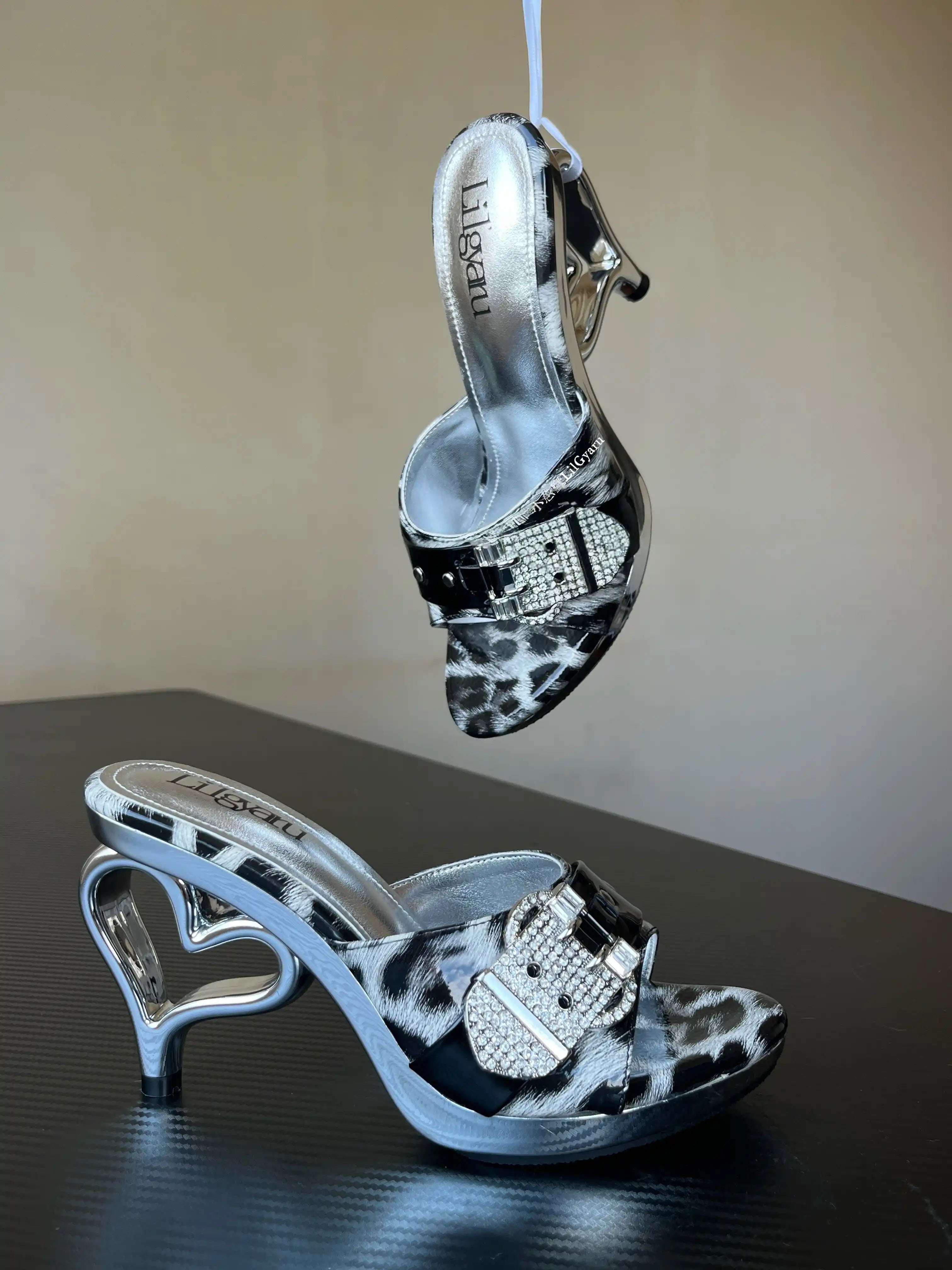 Heart Heel Leopard Print Rhinestone Gyaru High Heels Gold Silver Y2K