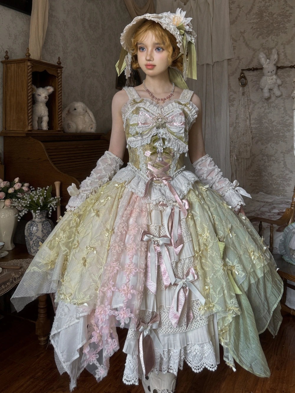 Whisper of Spring Field Lolita Original Green Boned Corset & Skirt Set