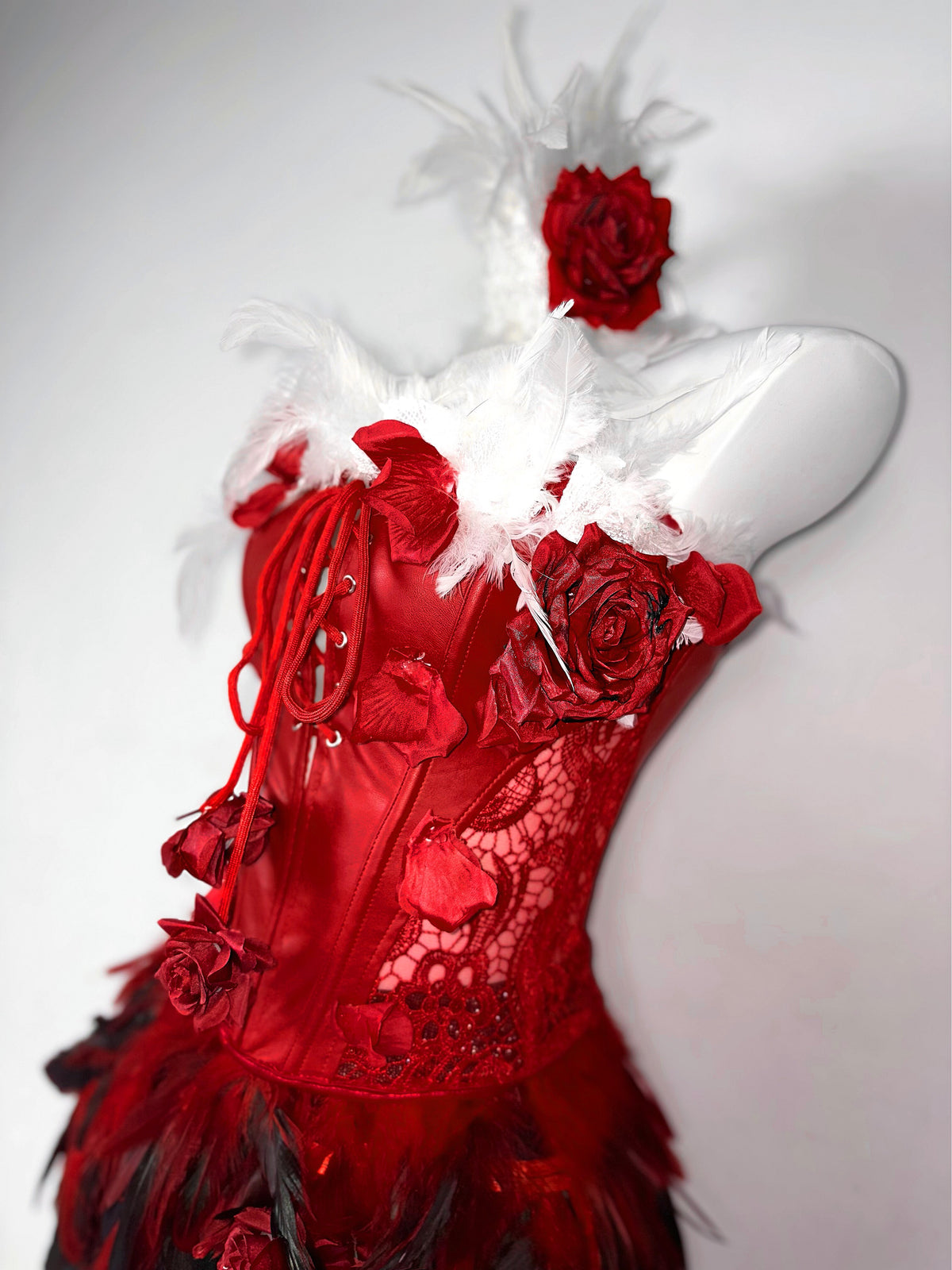 Red and White Roses Gothic Drawstring Feather Corset