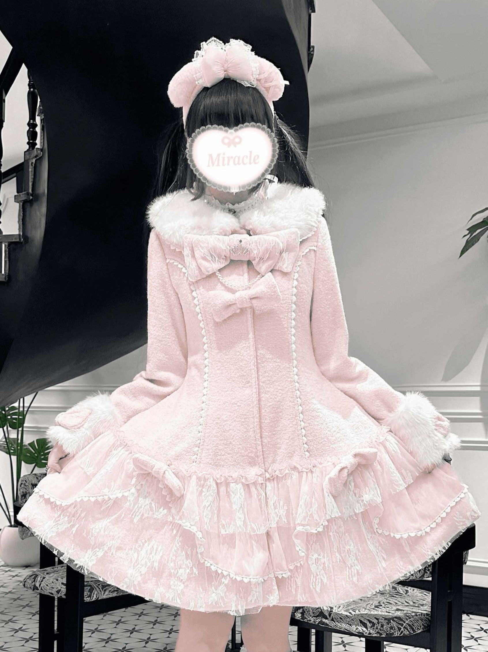 Ryōsangata 30% Wool Blend Sweet Girly Bow Lace Winter Overcoat LR1010