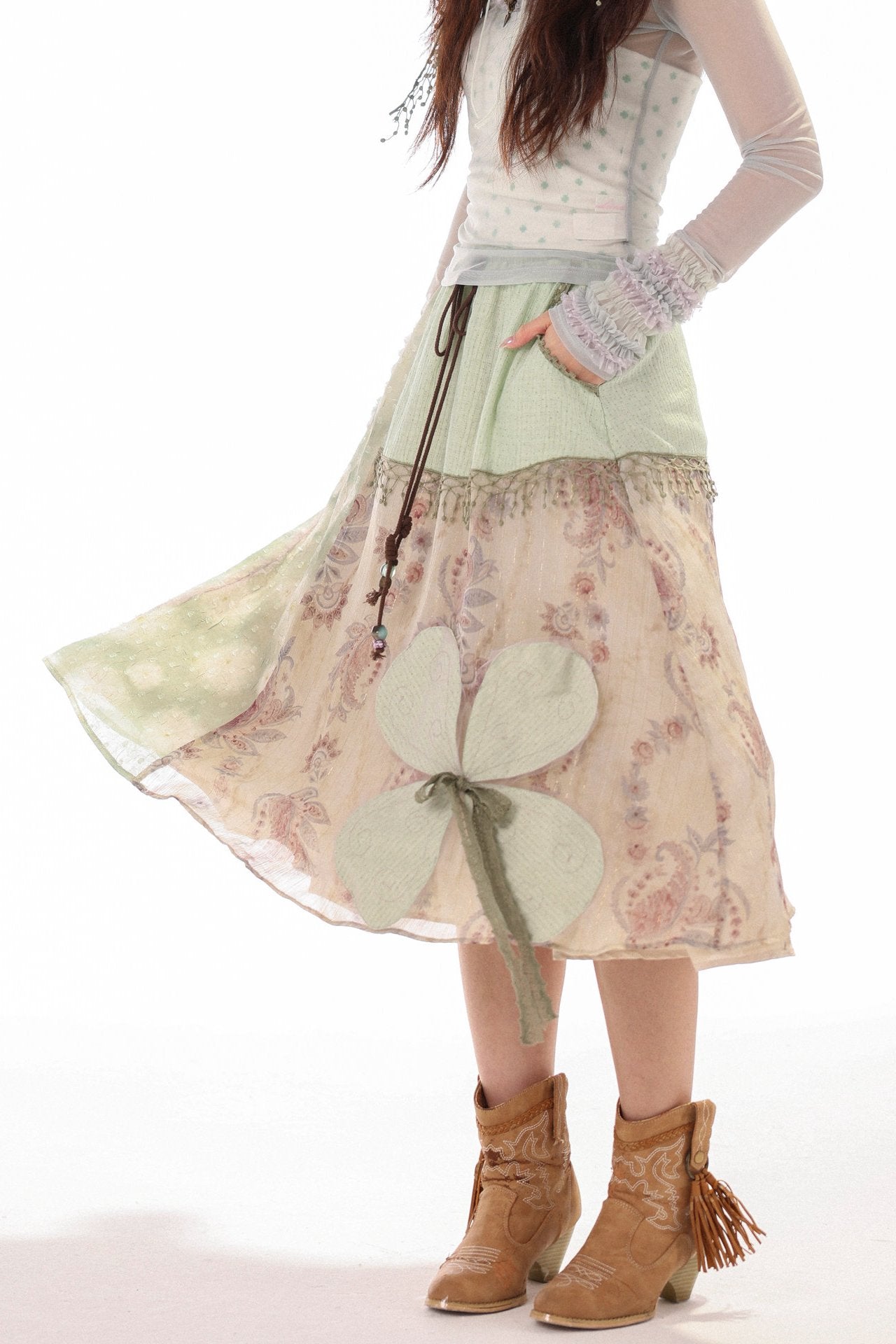 White Clover Sage Green Irregular Patchwork Drawstring Midi Skirt