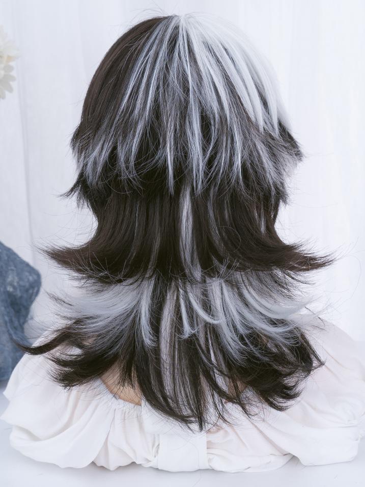 Half Black Half White Split-Dye Wolf Cut Wig LE7030