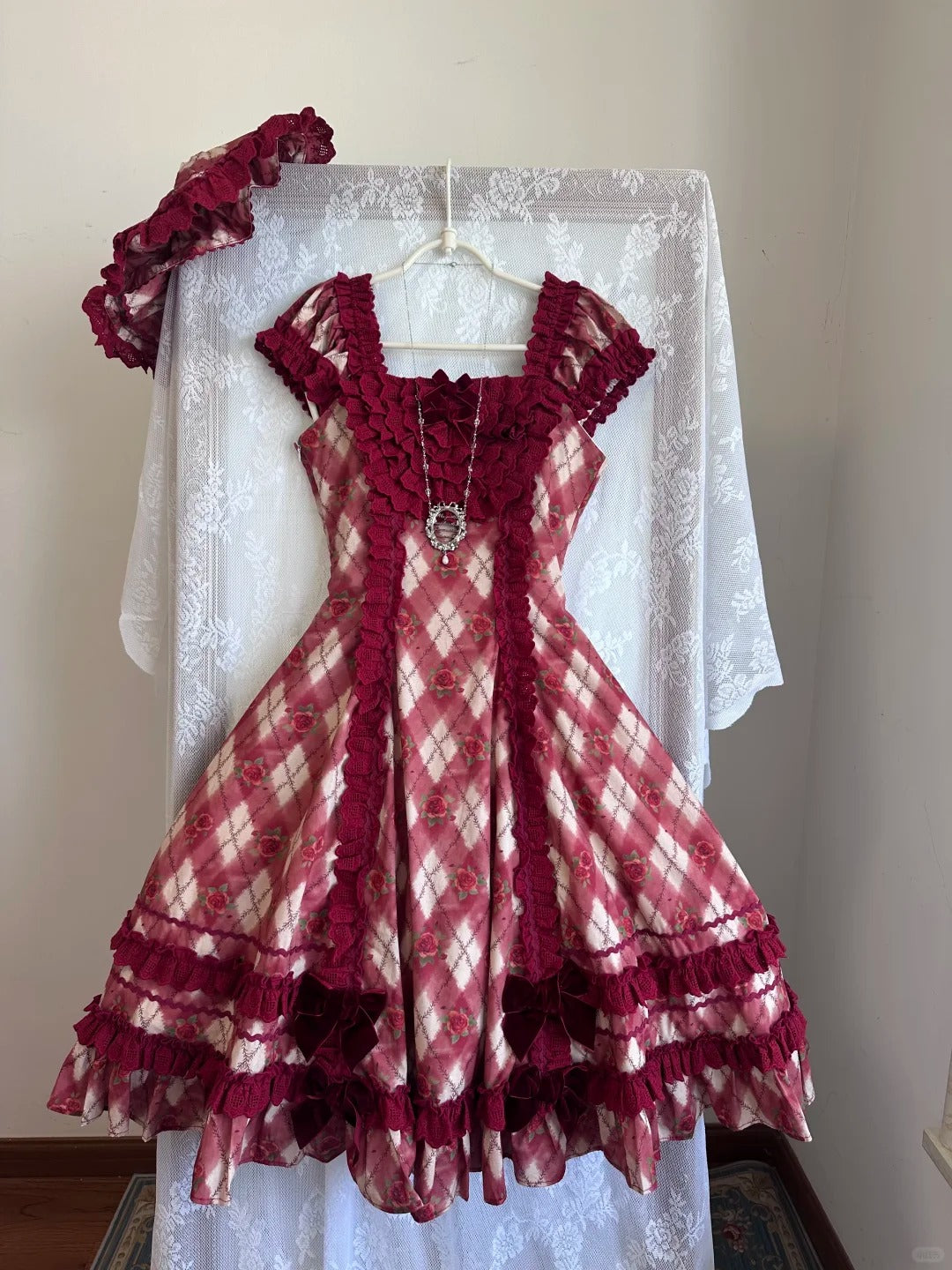 Red Pencil Lolita Vintage Diamond Floral Print Ruffled Red JSK Dress
