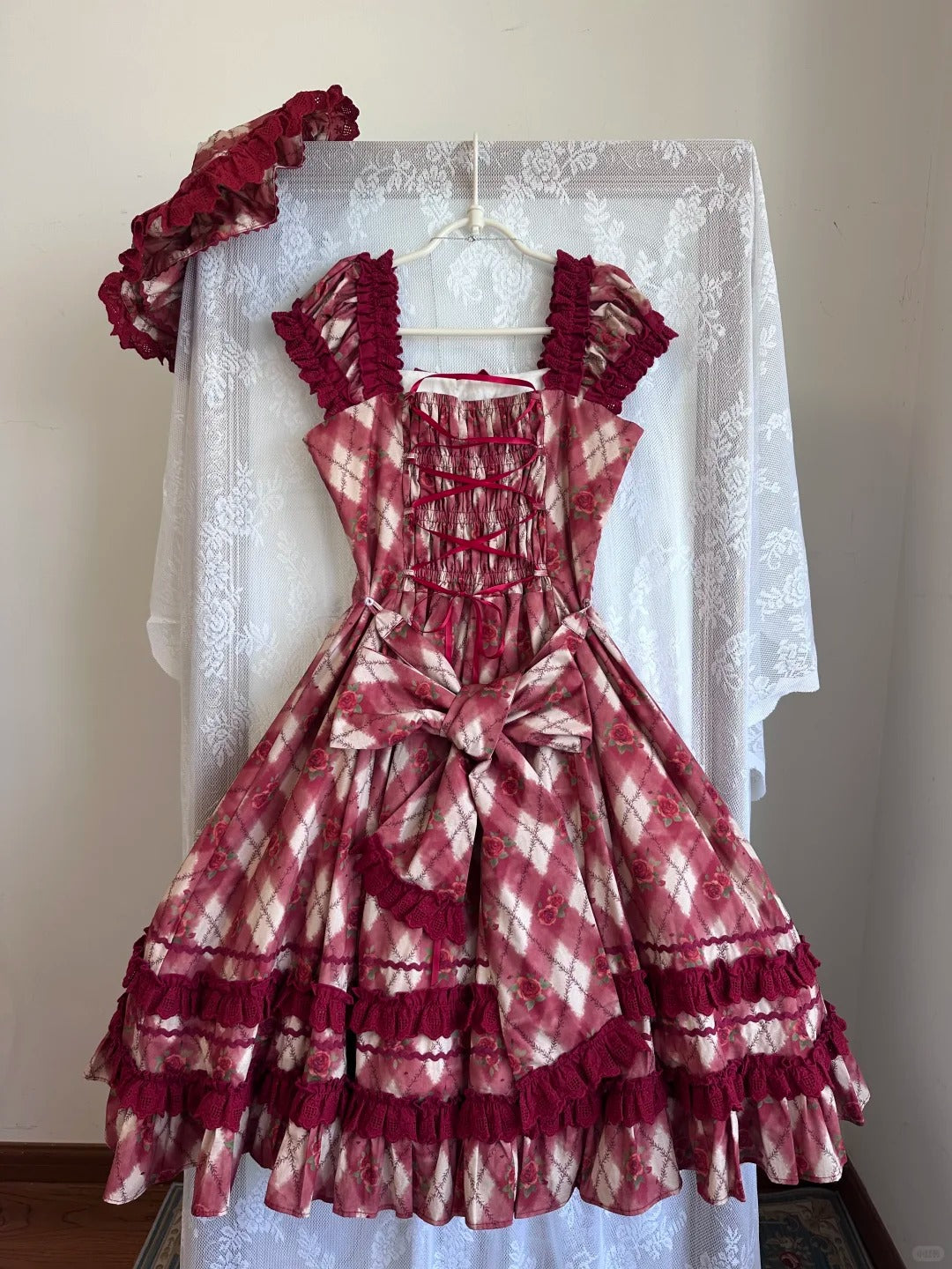 Red Pencil Lolita Vintage Diamond Floral Print Ruffled Red JSK Dress