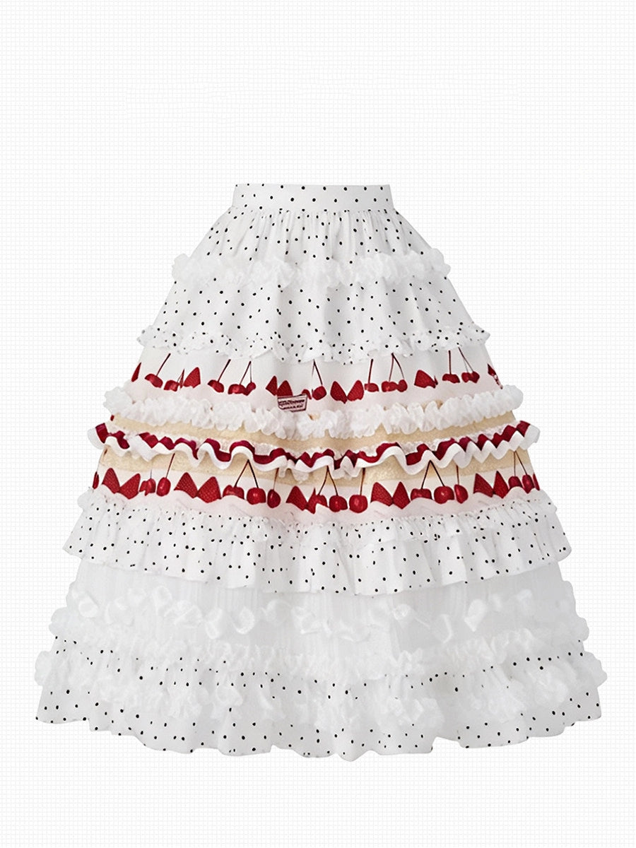 Chocolate Strawberry Polka Dot Puffy Long Cake Skirt