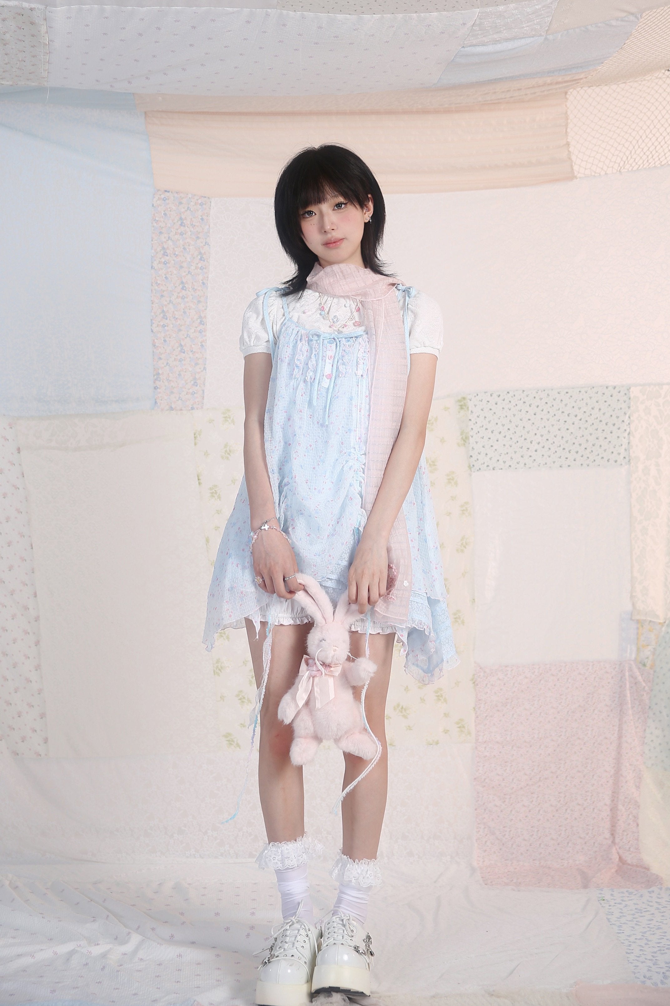 Jellyfish Pink Blue Lace Mesh Flared Pants Slip Dress Fairycore Set