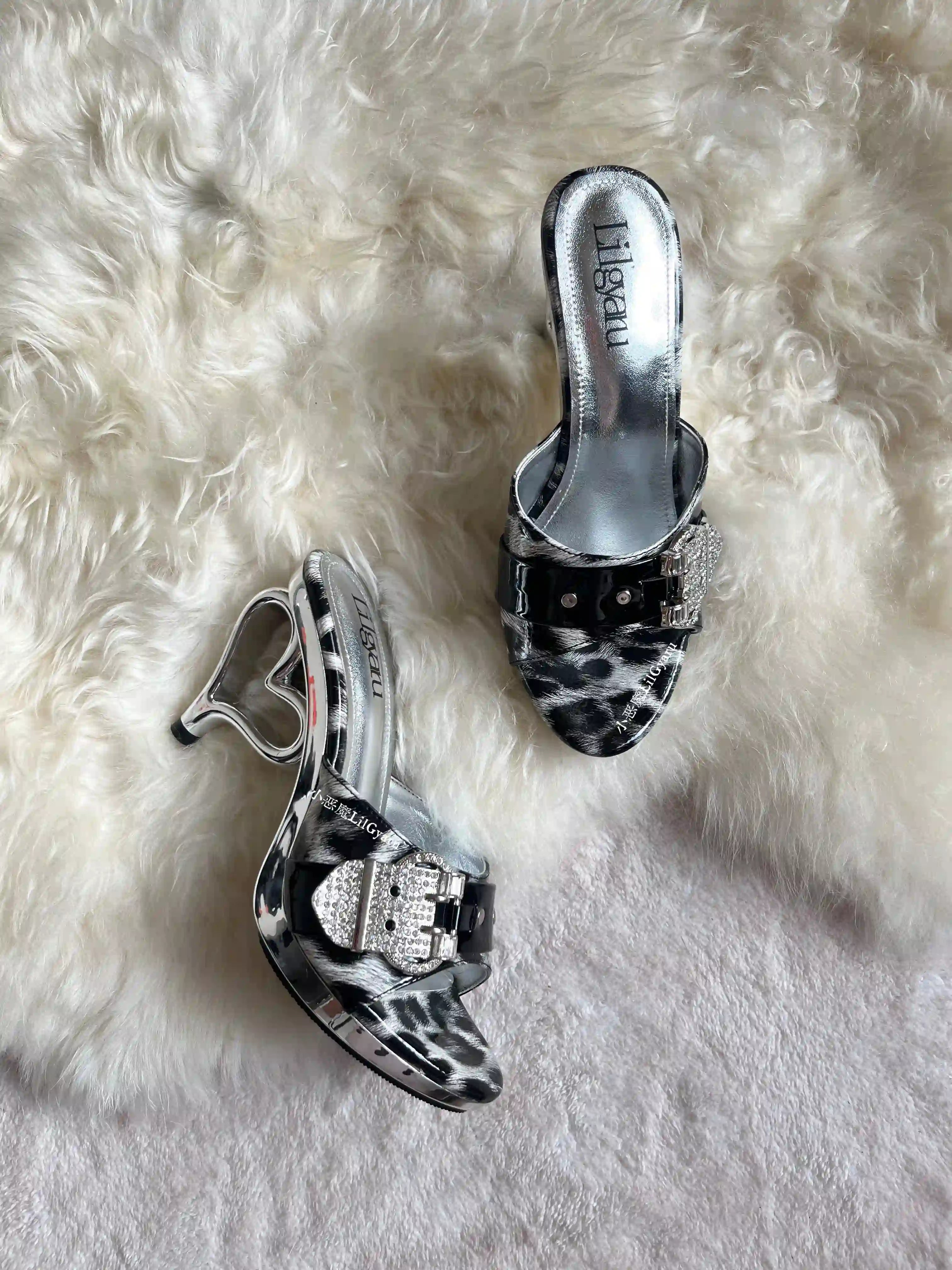 Heart Heel Leopard Print Rhinestone Gyaru High Heels Gold Silver Y2K