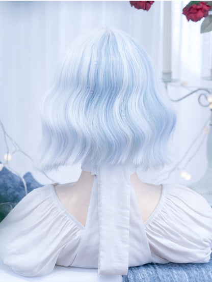 Short White Curly Jirai kei Wig with Blue Highlights LE7014