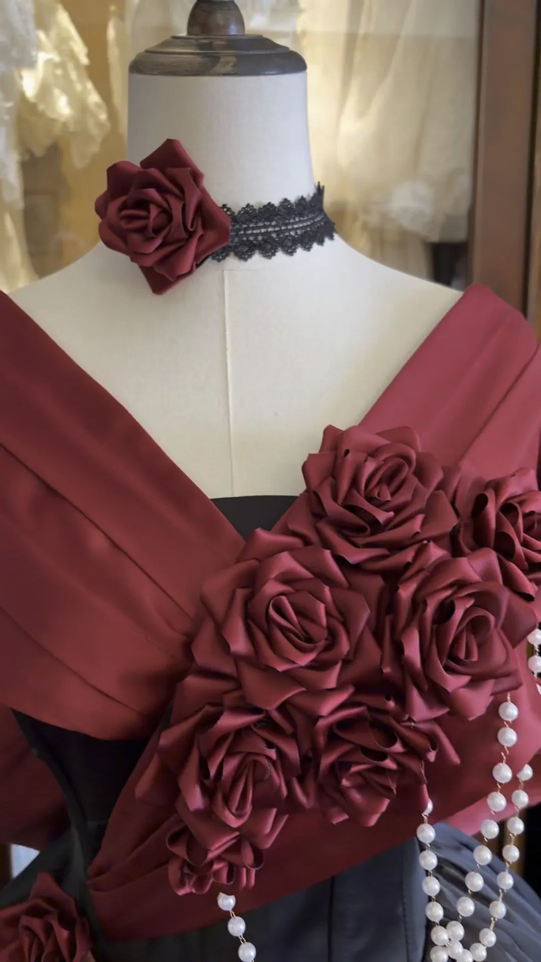 Rose 3D Floral Pearl Gothic Lolita Ball Gown OP Dress
